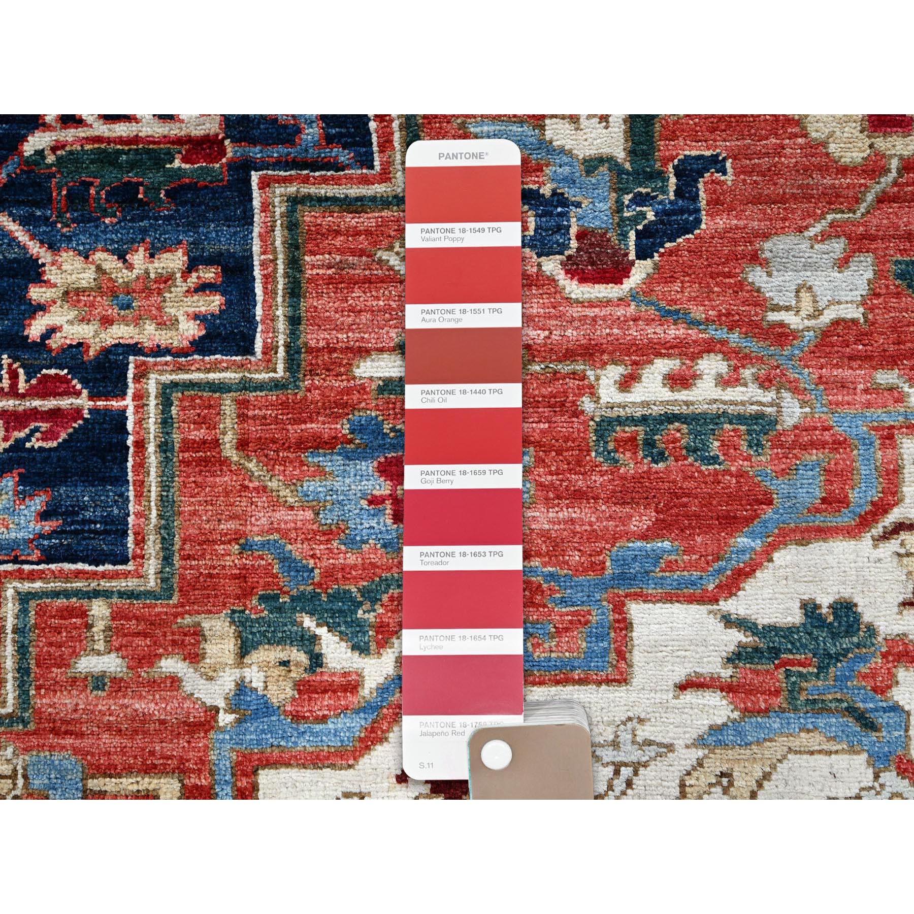 8'1"x9'10" Imperial Red, Peshawar Heriz with Antique Serapi Design, Hand Knotted, Shiny High Mountain Wool, Vegetable Dyes, Densely Woven, Soft Pile, Oriental Rug Sh901