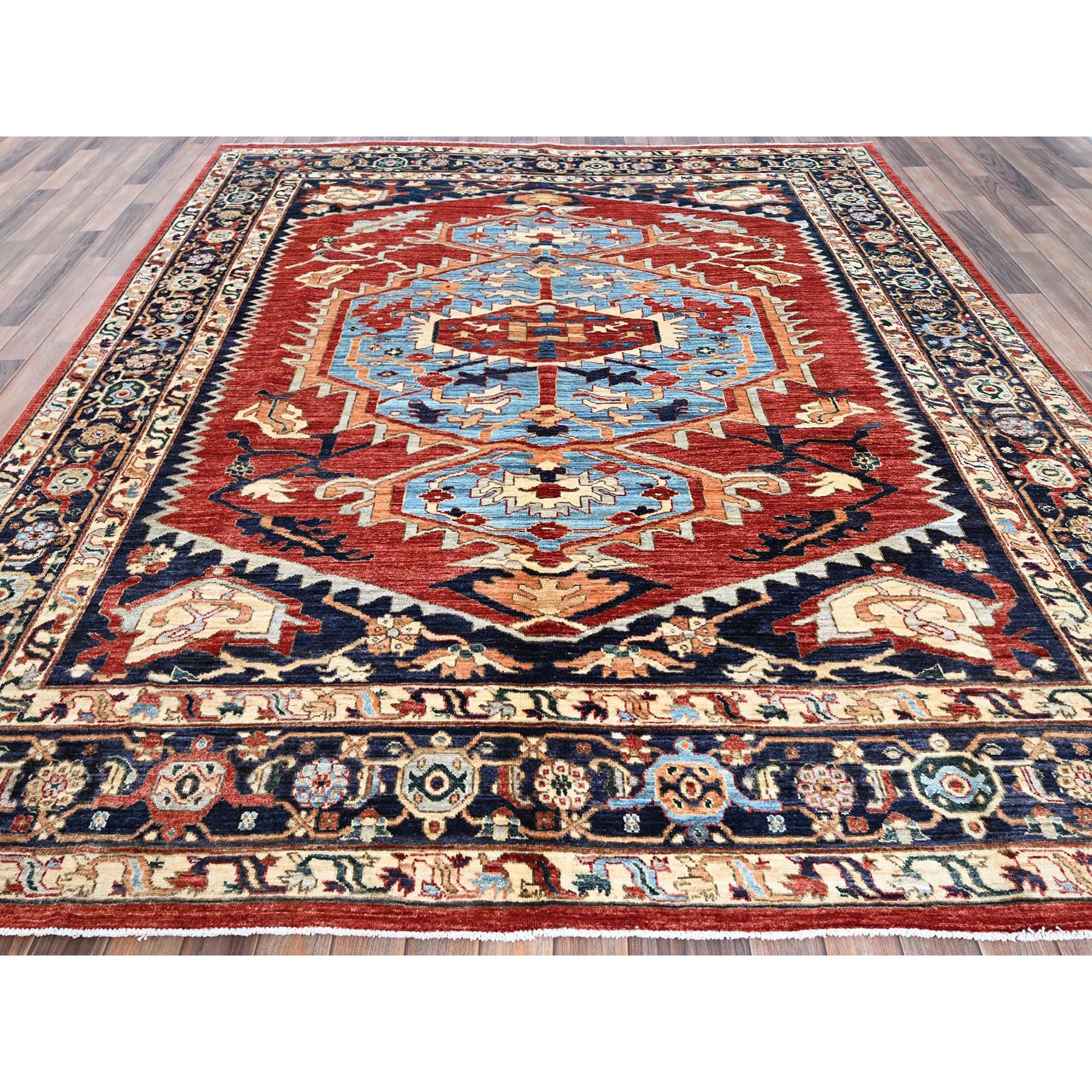 8'1"x9'8" Scarlet Red, Peshawar Heriz with Antique Serapi Design, Hand Knotted, Shiny High Mountain Wool, Vegetable Dyes, Densely Woven, Soft Pile, Oriental Rug Sh903