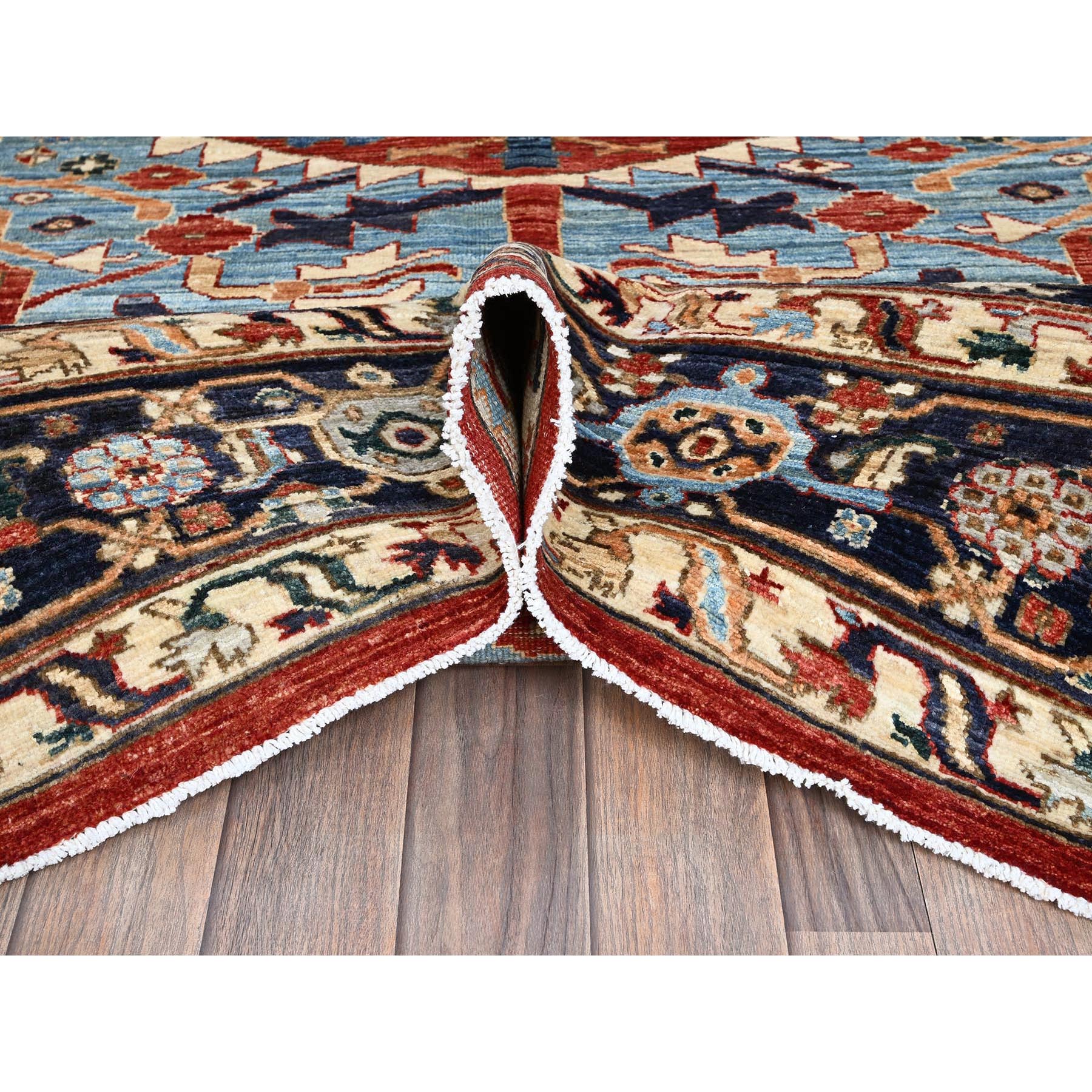 8'1"x9'8" Scarlet Red, Peshawar Heriz with Antique Serapi Design, Hand Knotted, Shiny High Mountain Wool, Vegetable Dyes, Densely Woven, Soft Pile, Oriental Rug Sh903