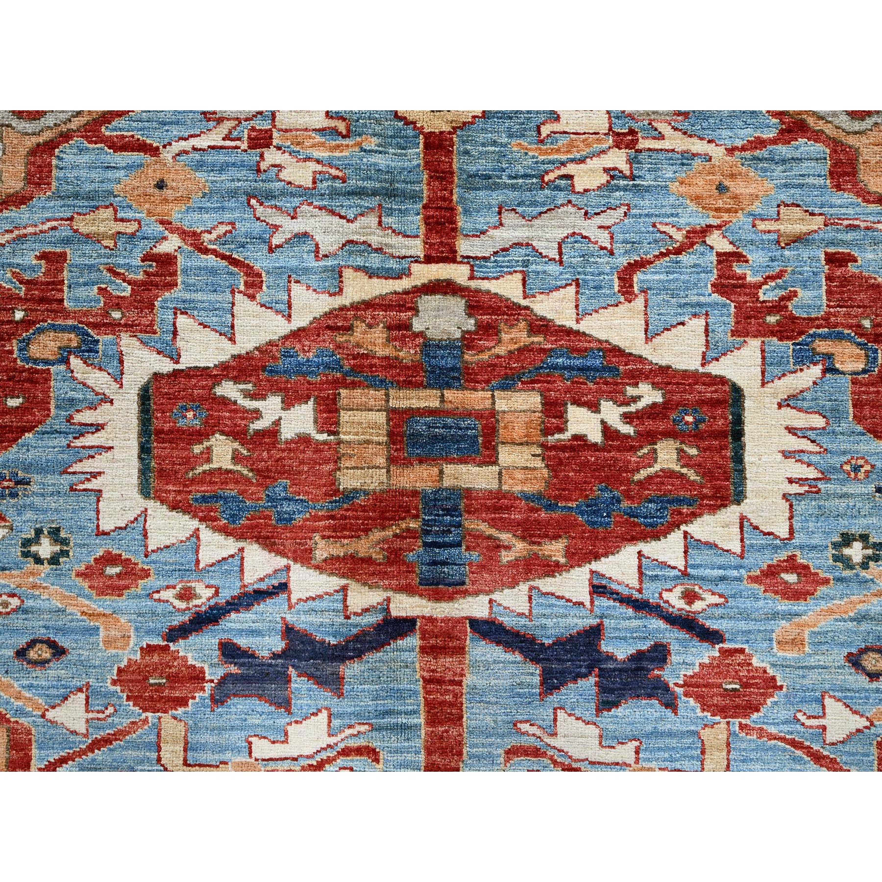8'1"x9'8" Scarlet Red, Peshawar Heriz with Antique Serapi Design, Hand Knotted, Shiny High Mountain Wool, Vegetable Dyes, Densely Woven, Soft Pile, Oriental Rug Sh903