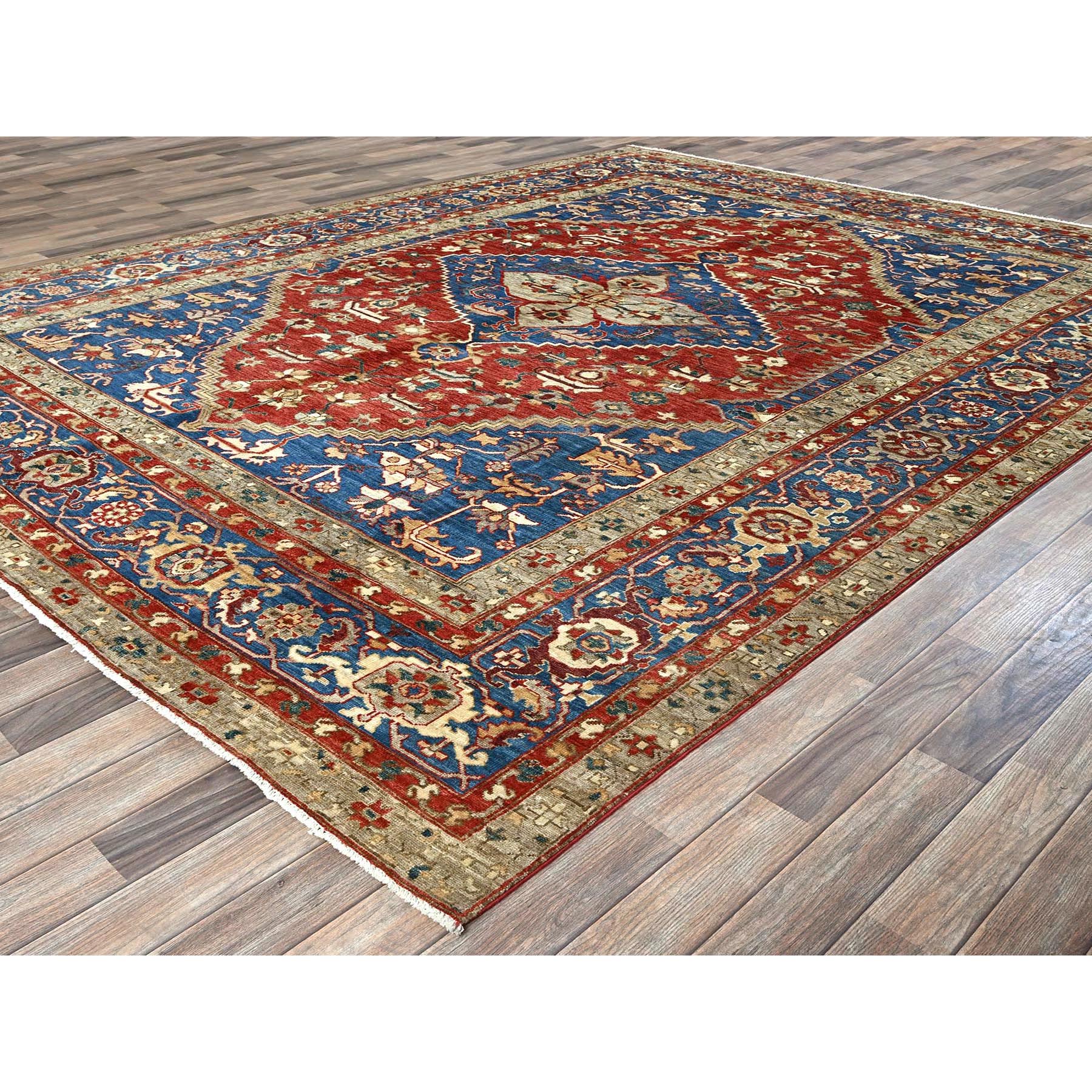 9'x11'8" Ajax Red, Peshawar Heriz with Antique Serapi Design, Shiny High Mountain Wool, Hand Knotted, Vegetable Dyes, Densely Woven, Soft Pile, Oriental Rug Sh905
