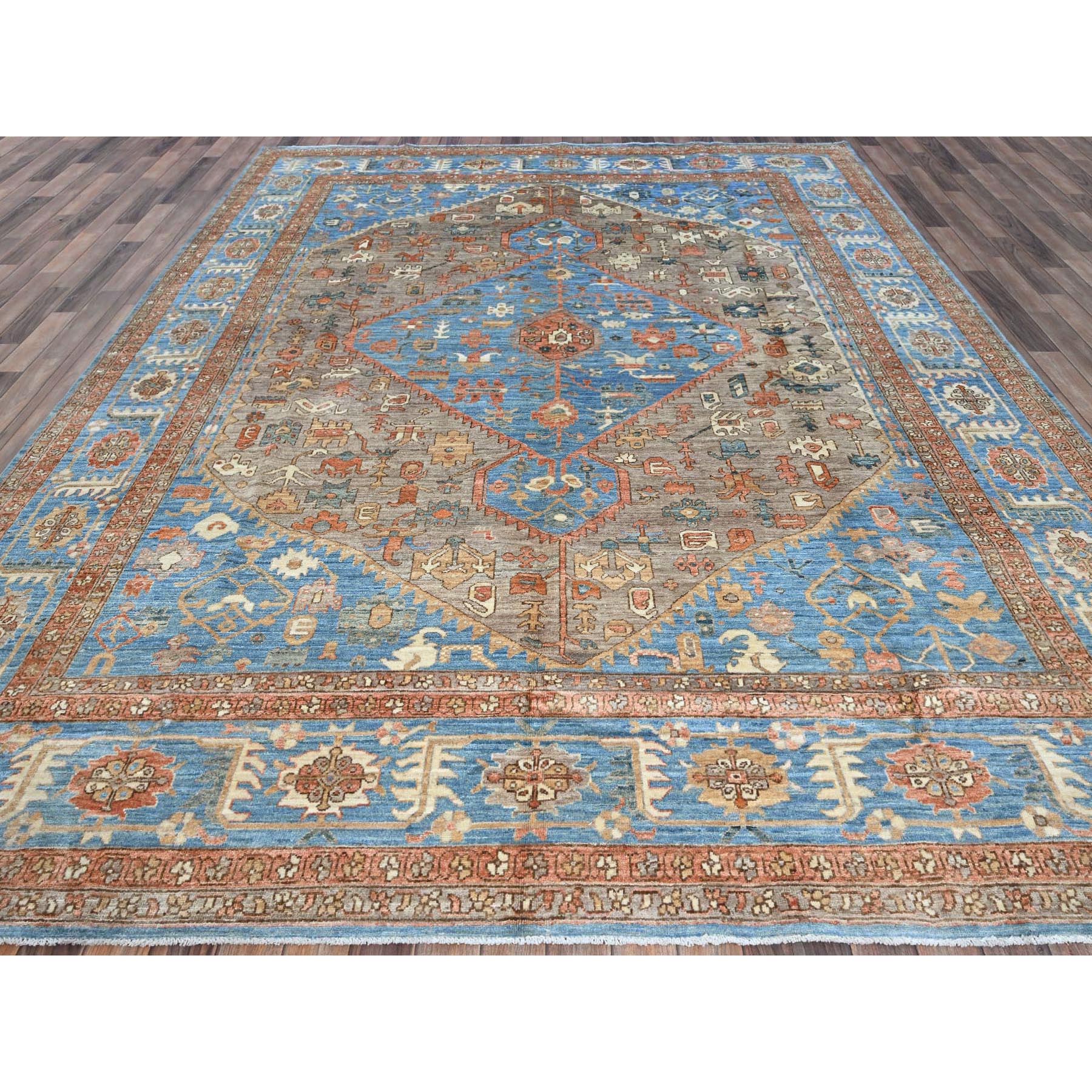 9'2"x12'3" Beaver Brown, Peshawar Heriz with Antique Serapi Design, Hand Knotted, High Mountain Wool, Vegetable Dyes, Soft Pile, Densely Woven, Oriental Rug Sh906