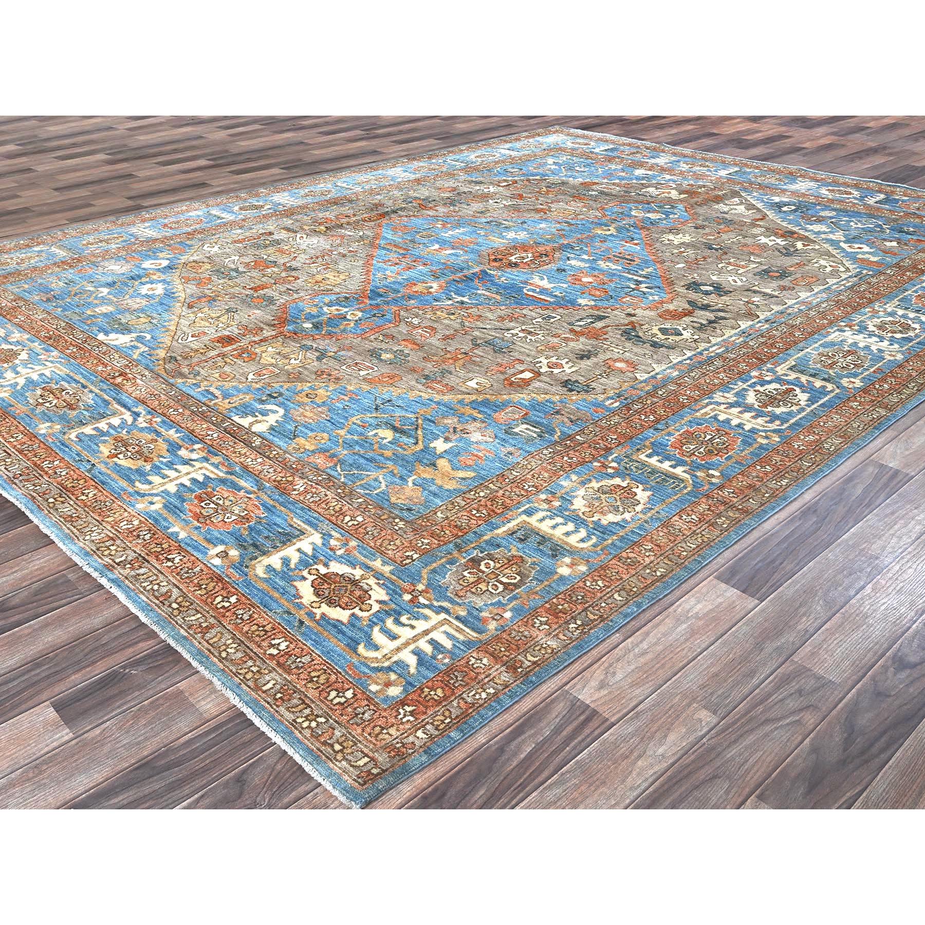 9'2"x12'3" Beaver Brown, Peshawar Heriz with Antique Serapi Design, Hand Knotted, High Mountain Wool, Vegetable Dyes, Soft Pile, Densely Woven, Oriental Rug Sh906