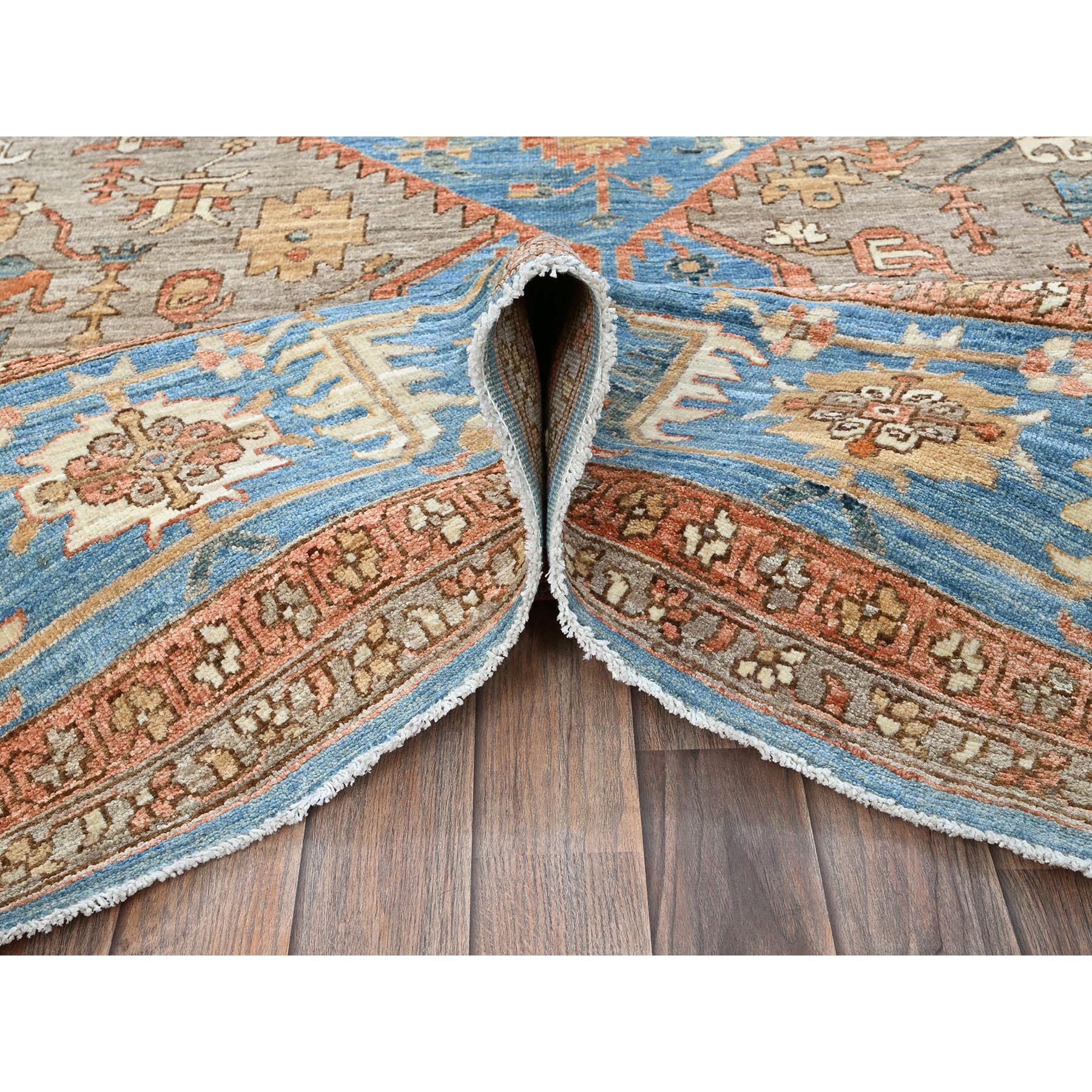 9'2"x12'3" Beaver Brown, Peshawar Heriz with Antique Serapi Design, Hand Knotted, High Mountain Wool, Vegetable Dyes, Soft Pile, Densely Woven, Oriental Rug Sh906