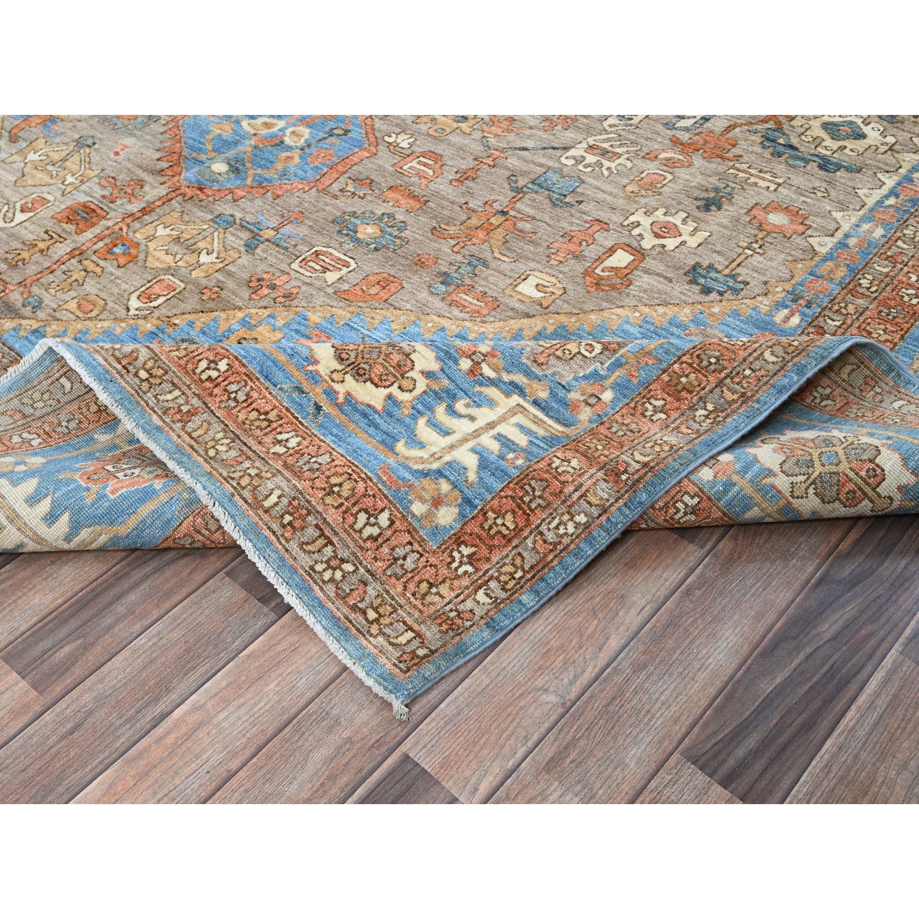 9'2"x12'3" Beaver Brown, Peshawar Heriz with Antique Serapi Design, Hand Knotted, High Mountain Wool, Vegetable Dyes, Soft Pile, Densely Woven, Oriental Rug Sh906