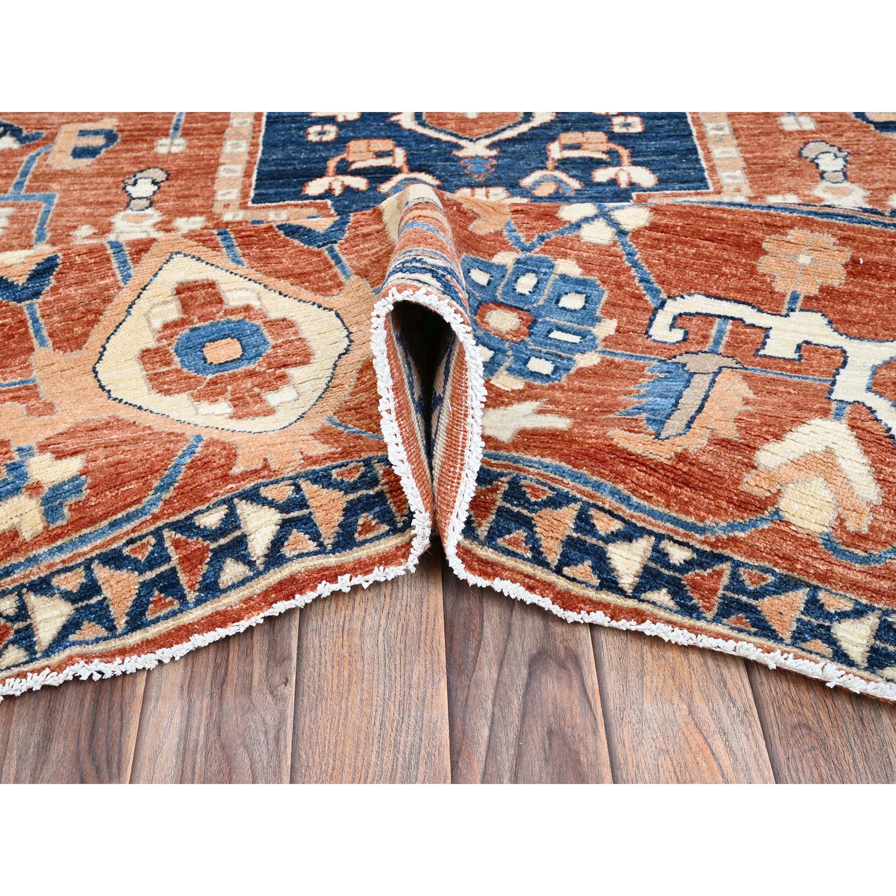 9'9"x13'10" Coral Red, Peshawar Heriz with Antique Serapi Design, Hand Knotted, Shiny High Mountain Wool, Vegetable Dyes, Densely Woven, Soft Pile, Oriental Rug Sh907