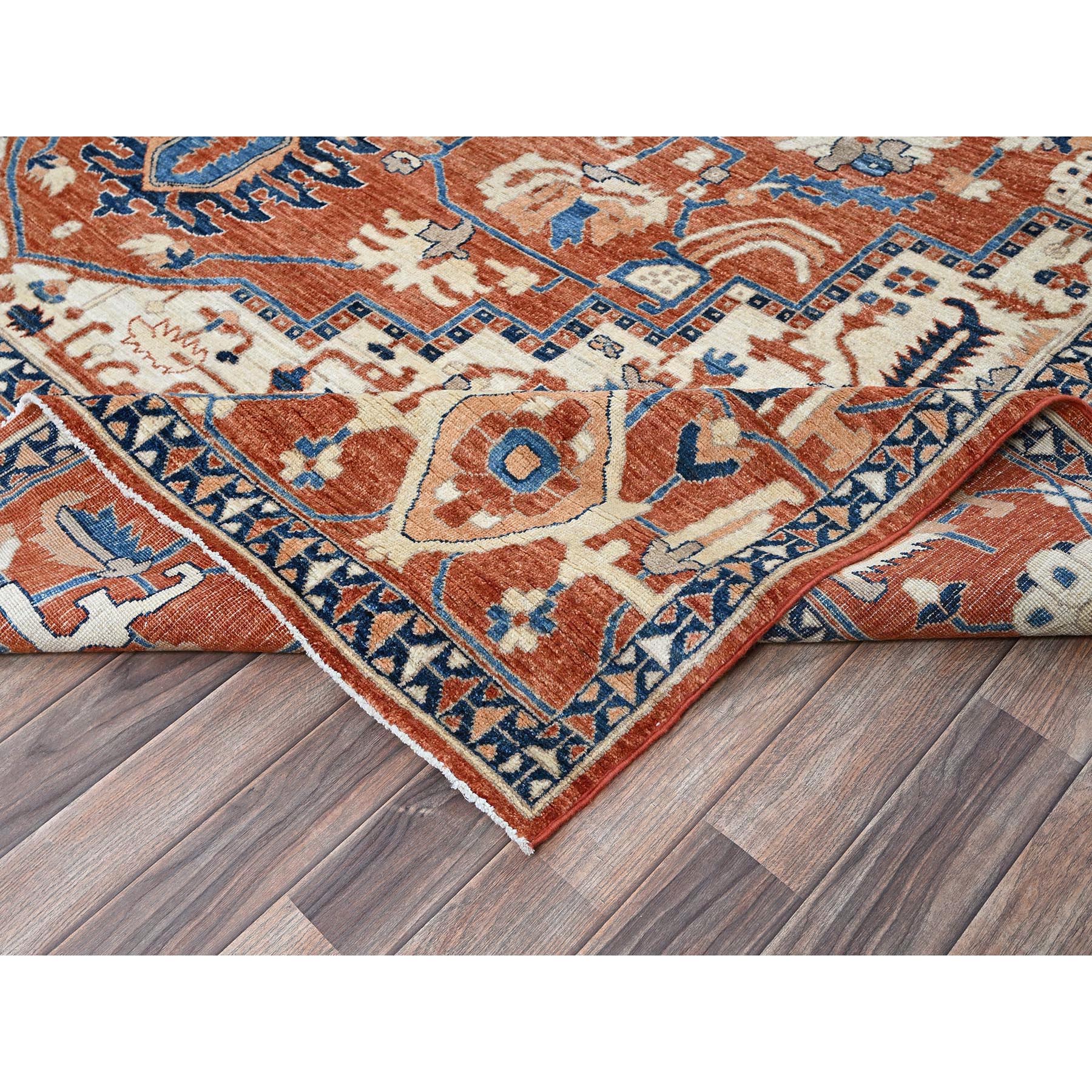 9'9"x13'10" Coral Red, Peshawar Heriz with Antique Serapi Design, Hand Knotted, Shiny High Mountain Wool, Vegetable Dyes, Densely Woven, Soft Pile, Oriental Rug Sh907