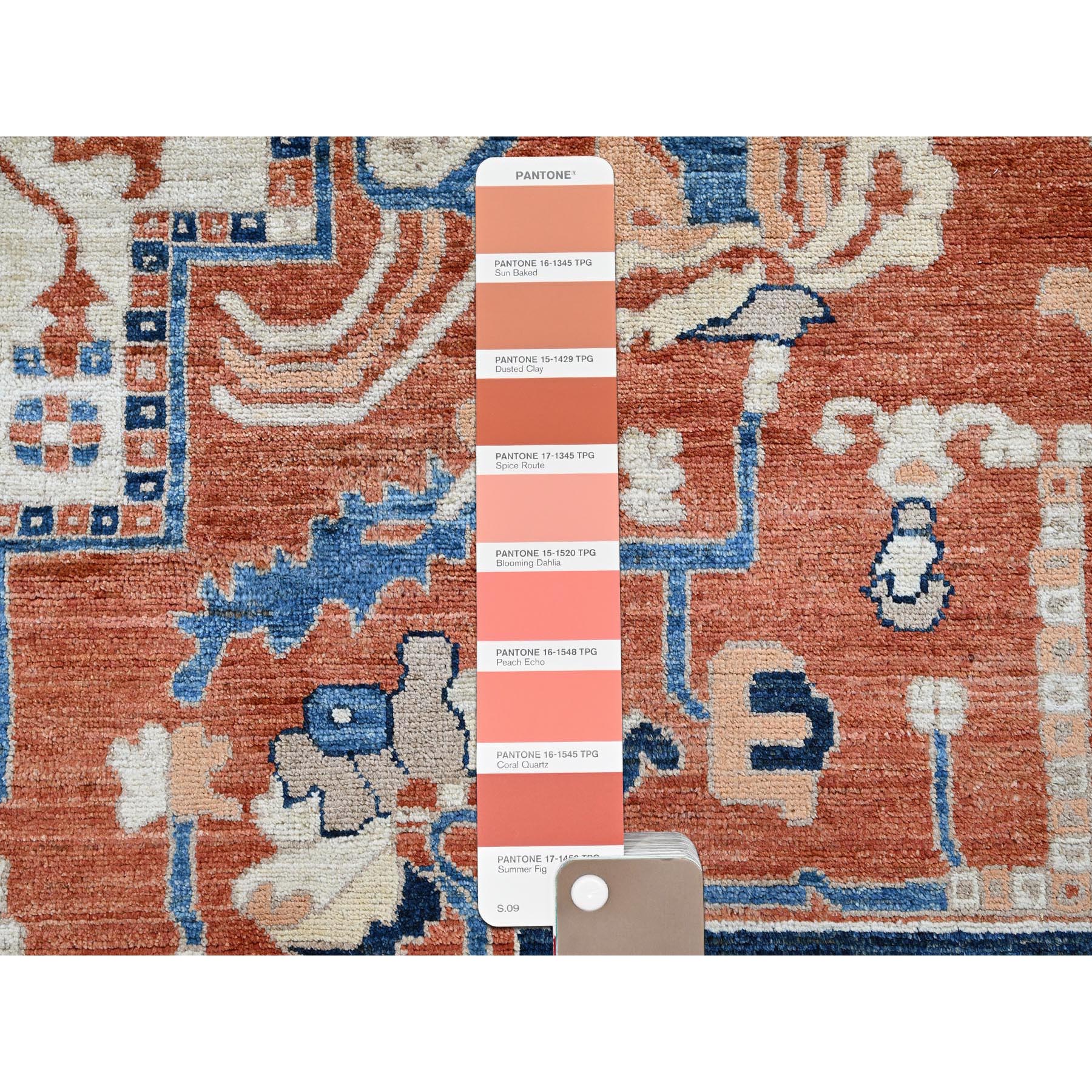 9'9"x13'10" Coral Red, Peshawar Heriz with Antique Serapi Design, Hand Knotted, Shiny High Mountain Wool, Vegetable Dyes, Densely Woven, Soft Pile, Oriental Rug Sh907