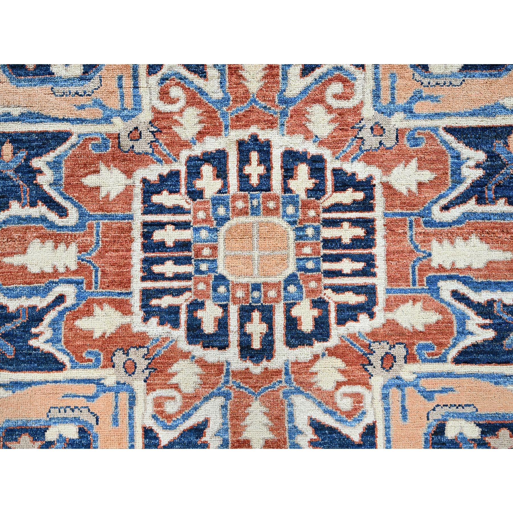 9'9"x13'10" Coral Red, Peshawar Heriz with Antique Serapi Design, Hand Knotted, Shiny High Mountain Wool, Vegetable Dyes, Densely Woven, Soft Pile, Oriental Rug Sh907