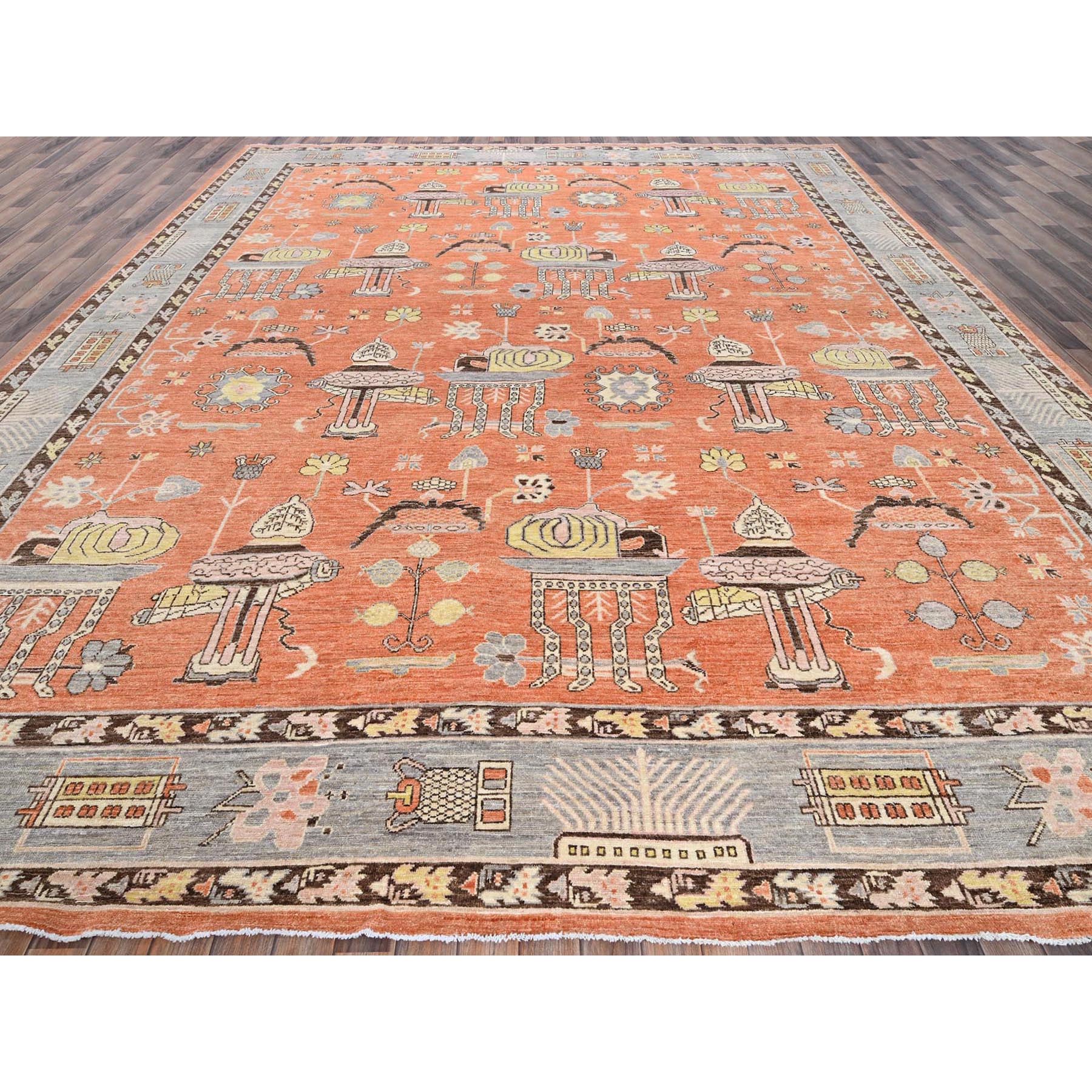 12'1"x14'6" Burnt Orange, Classic Khotan and Samarkand Design with Alien Figurines, Hand Knotted, 100% Wool, Soft Pile, Densely Woven, Oversized, Oriental Rug Sh910