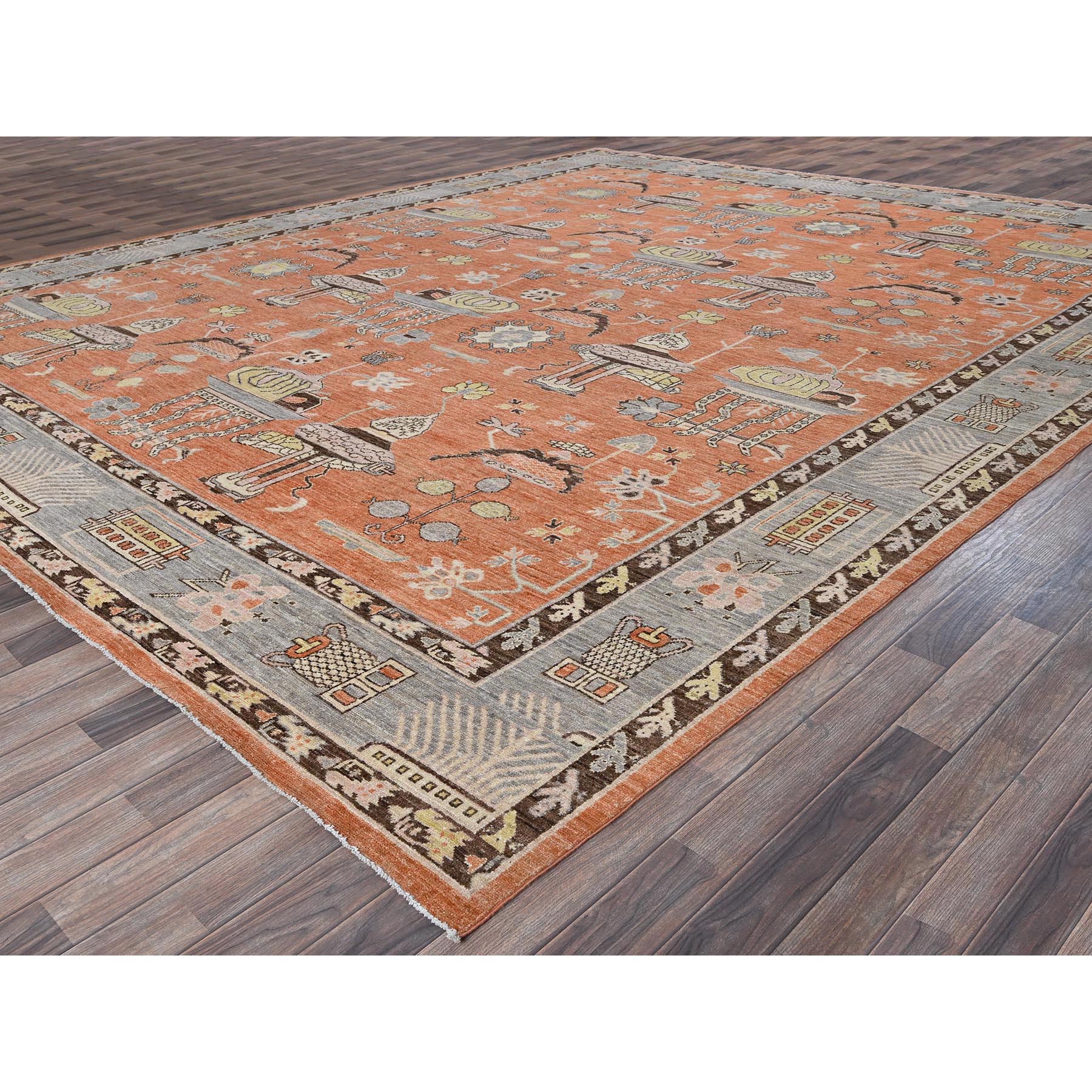 12'1"x14'6" Burnt Orange, Classic Khotan and Samarkand Design with Alien Figurines, Hand Knotted, 100% Wool, Soft Pile, Densely Woven, Oversized, Oriental Rug Sh910