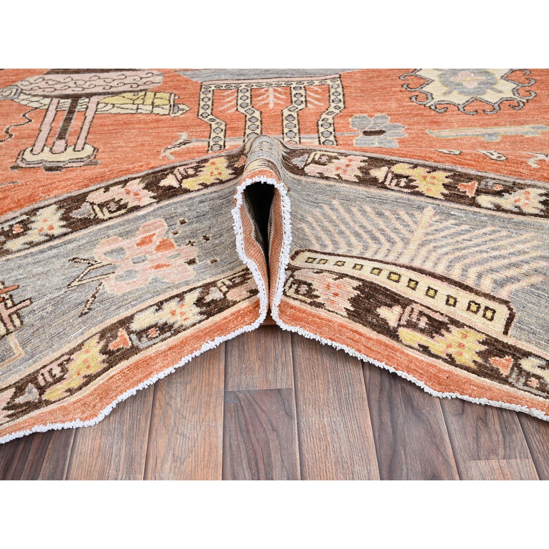 12'1"x14'6" Burnt Orange, Classic Khotan and Samarkand Design with Alien Figurines, Hand Knotted, 100% Wool, Soft Pile, Densely Woven, Oversized, Oriental Rug Sh910
