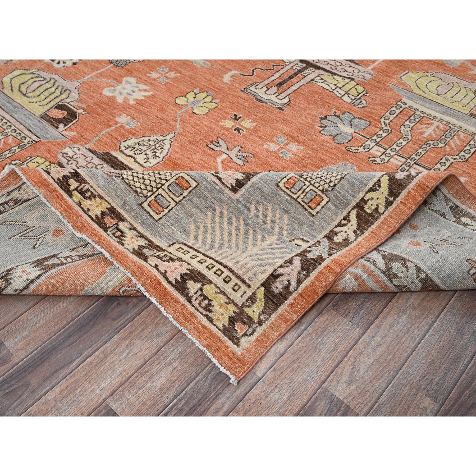 12'1"x14'6" Burnt Orange, Classic Khotan and Samarkand Design with Alien Figurines, Hand Knotted, 100% Wool, Soft Pile, Densely Woven, Oversized, Oriental Rug Sh910