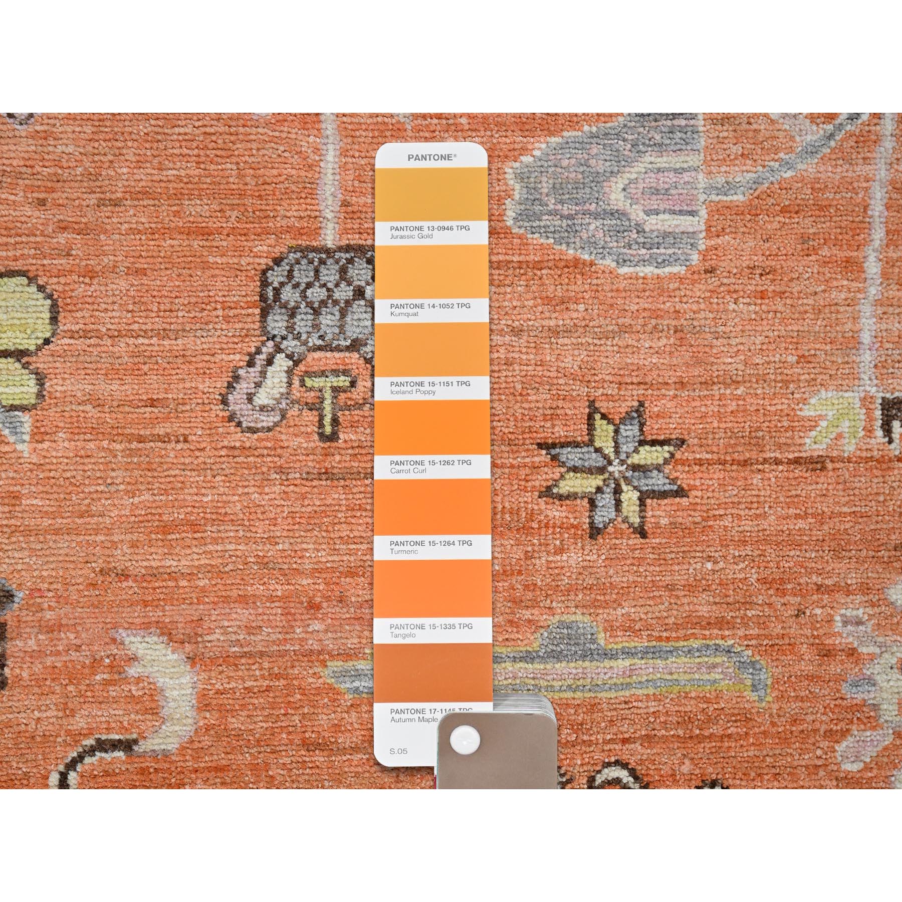 12'1"x14'6" Burnt Orange, Classic Khotan and Samarkand Design with Alien Figurines, Hand Knotted, 100% Wool, Soft Pile, Densely Woven, Oversized, Oriental Rug Sh910
