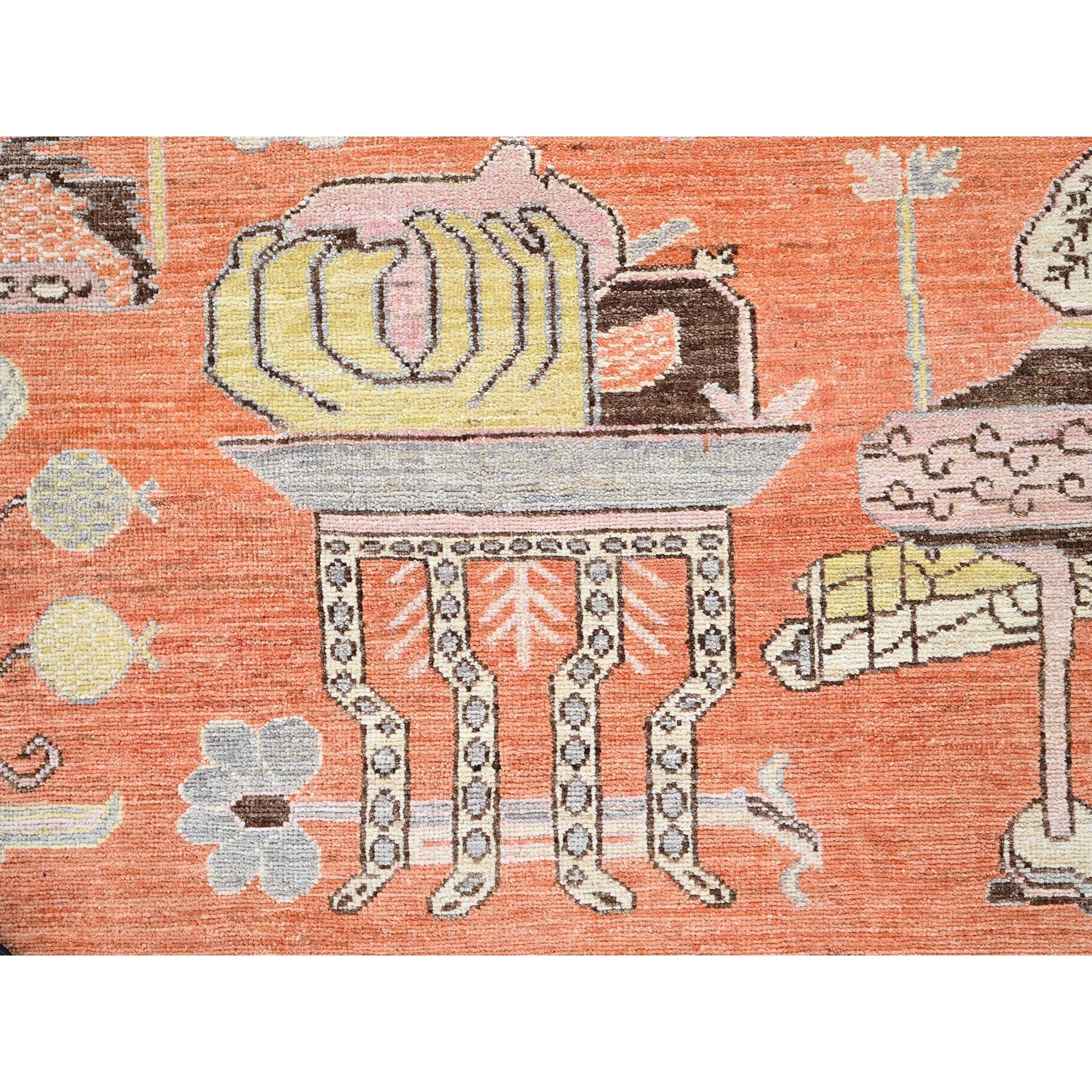 12'1"x14'6" Burnt Orange, Classic Khotan and Samarkand Design with Alien Figurines, Hand Knotted, 100% Wool, Soft Pile, Densely Woven, Oversized, Oriental Rug Sh910