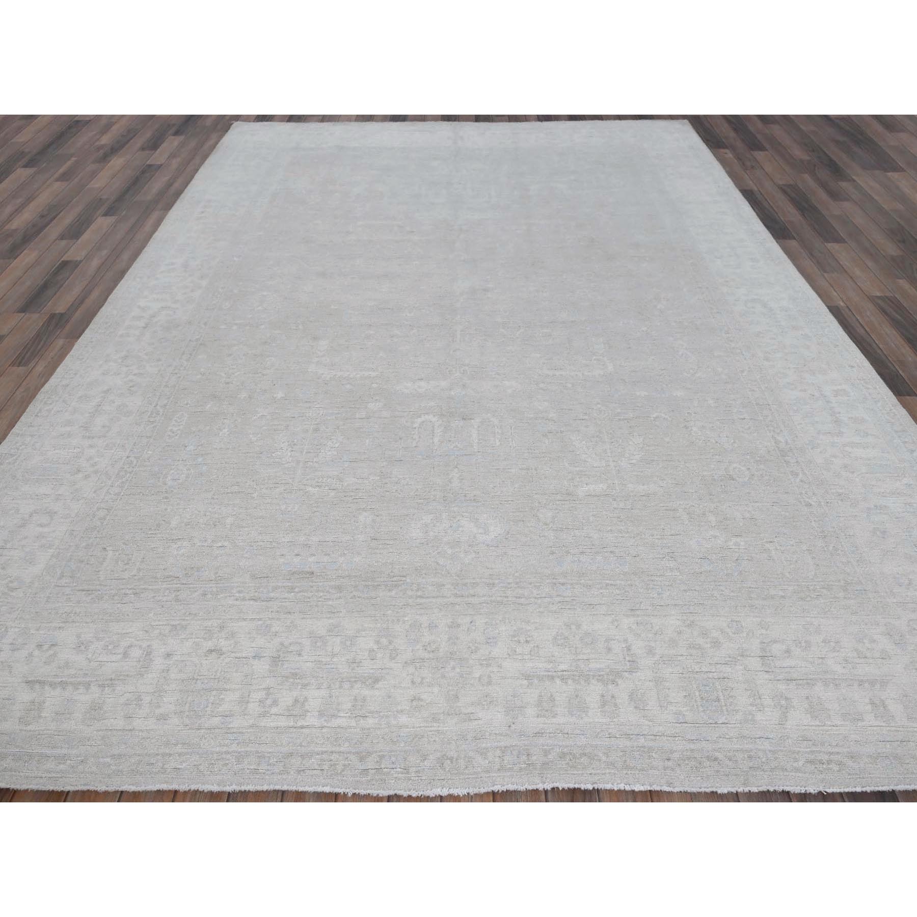 8'7"x11'5" Medium Gray, White Wash Peshawar with Heriz All Over Design, Hand Knotted, 100% Wool, Densely Woven, Oriental Rug Sh914