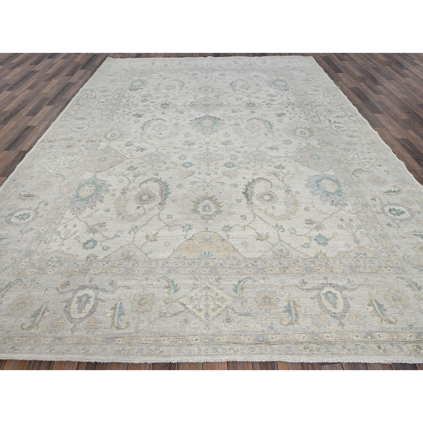 9'1"x11'8" Chiffon White, White Wash Peshawar with All Over Leaf Design, Hand Knotted, Pure Wool, Densely Woven, Oriental Rug Sh915