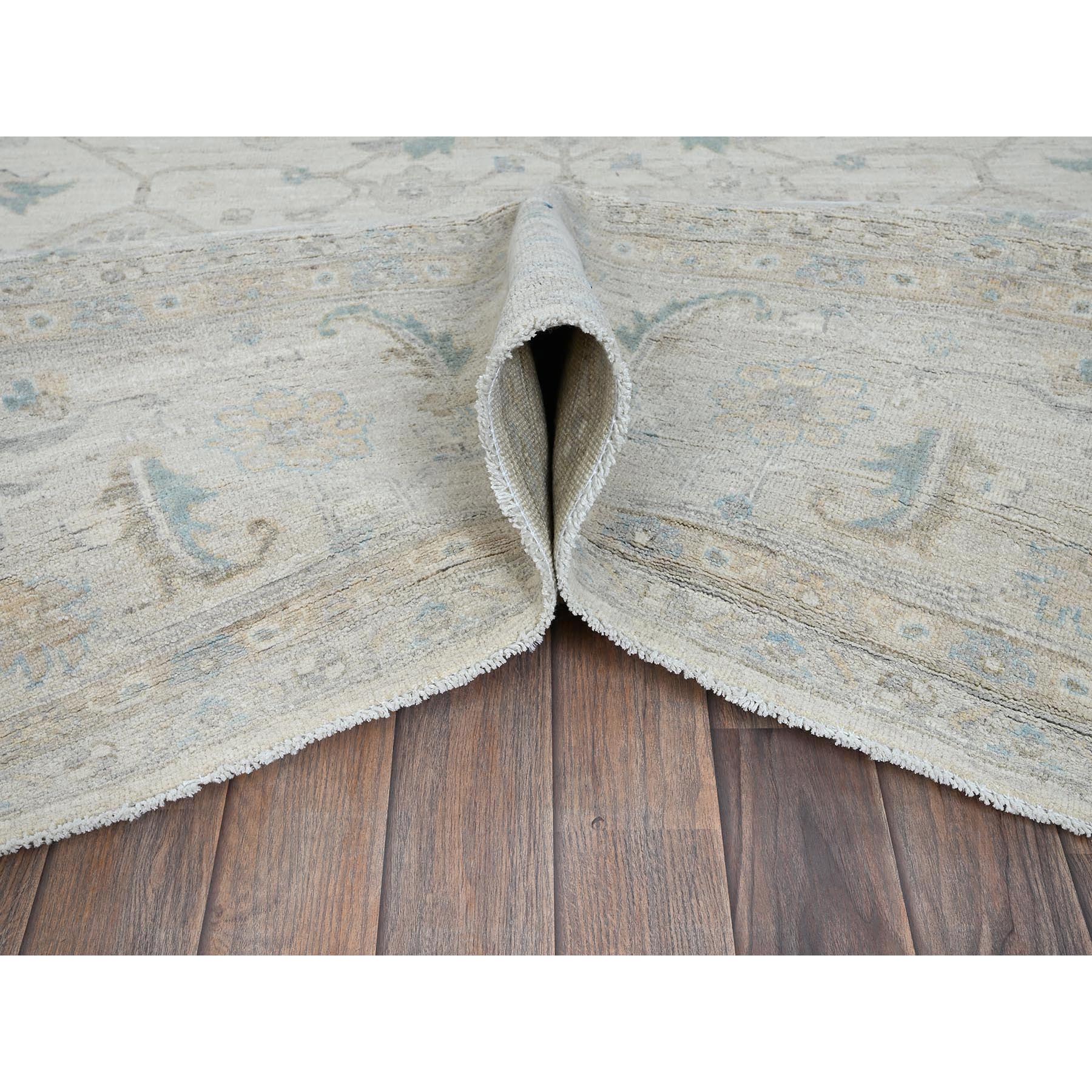 9'1"x11'8" Chiffon White, White Wash Peshawar with All Over Leaf Design, Hand Knotted, Pure Wool, Densely Woven, Oriental Rug Sh915