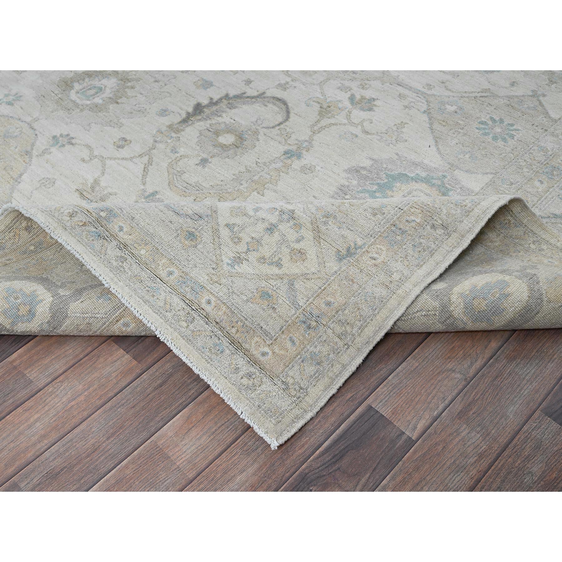 9'1"x11'8" Chiffon White, White Wash Peshawar with All Over Leaf Design, Hand Knotted, Pure Wool, Densely Woven, Oriental Rug Sh915