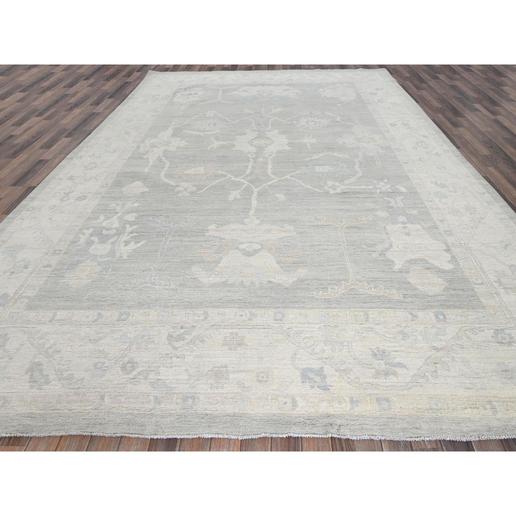 9'8"x13'10" Misty Gray, White Wash Peshawar with All Over Leaf Design, Hand Knotted, Pure Wool, Densely Woven, Oriental Rug Sh918