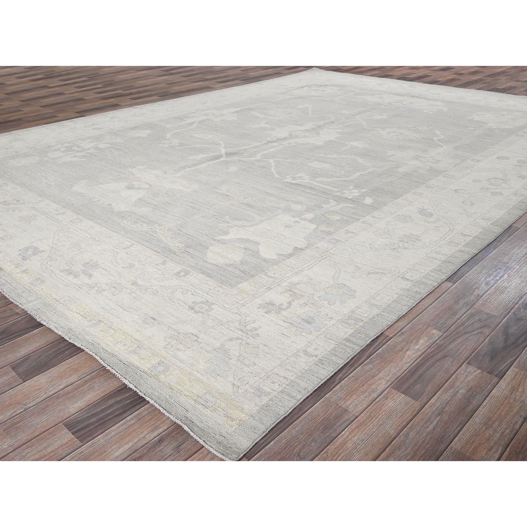 9'8"x13'10" Misty Gray, White Wash Peshawar with All Over Leaf Design, Hand Knotted, Pure Wool, Densely Woven, Oriental Rug Sh918