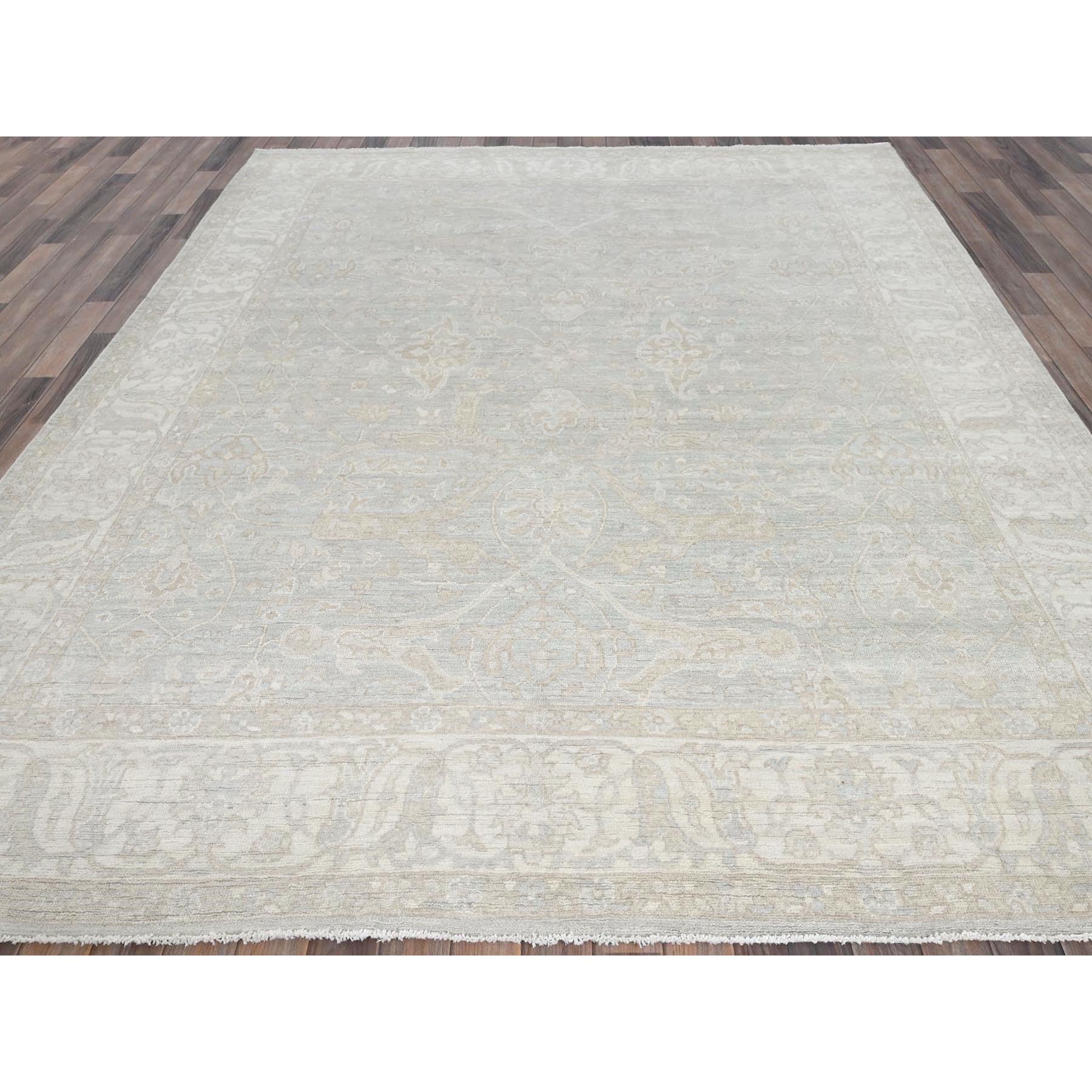 8'2"x9'6" Cloud Gray, White Wash Peshawar with All Over Vines Design, 100% Wool, Hand Knotted, Densely Woven, Oriental Rug Sh919