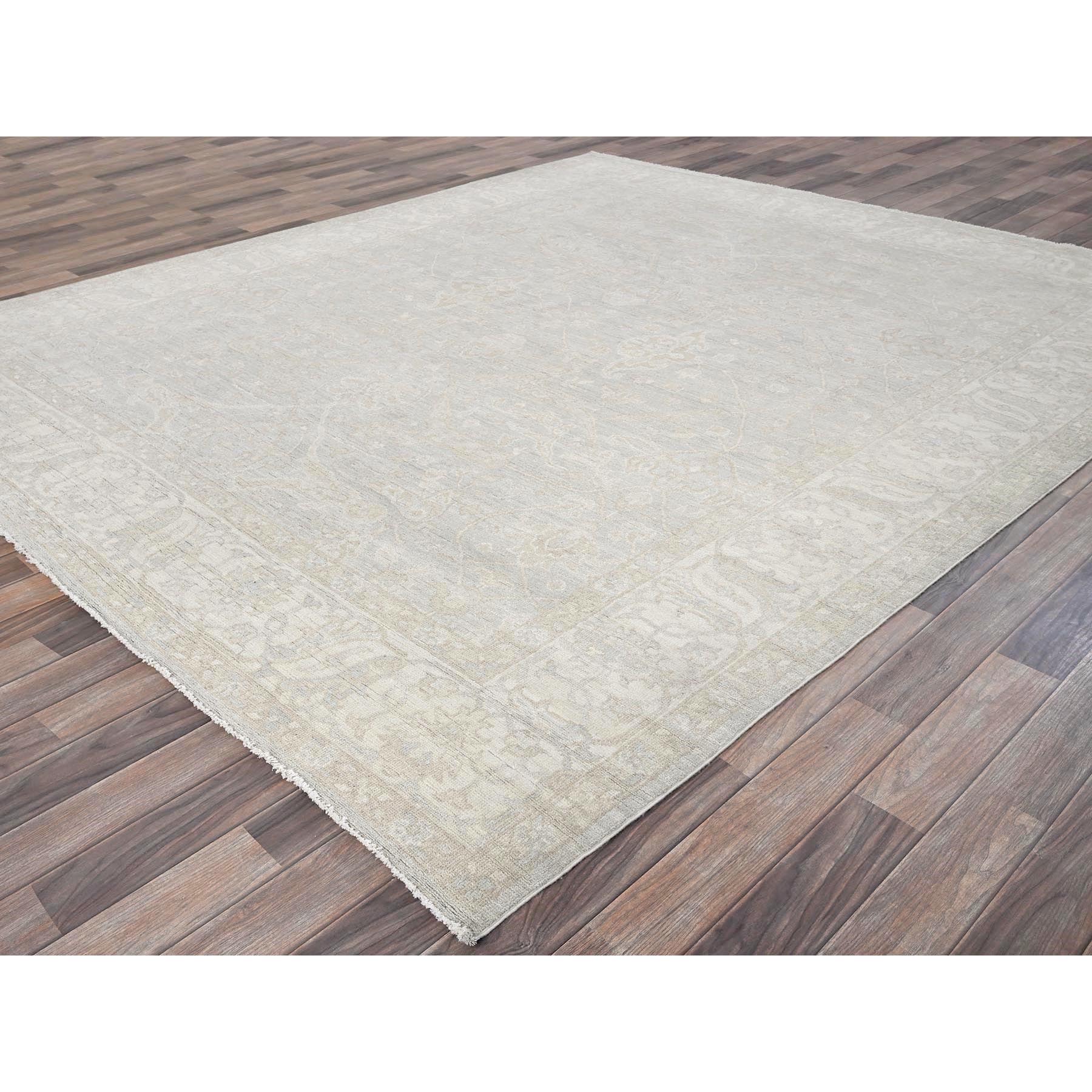 8'2"x9'6" Cloud Gray, White Wash Peshawar with All Over Vines Design, 100% Wool, Hand Knotted, Densely Woven, Oriental Rug Sh919