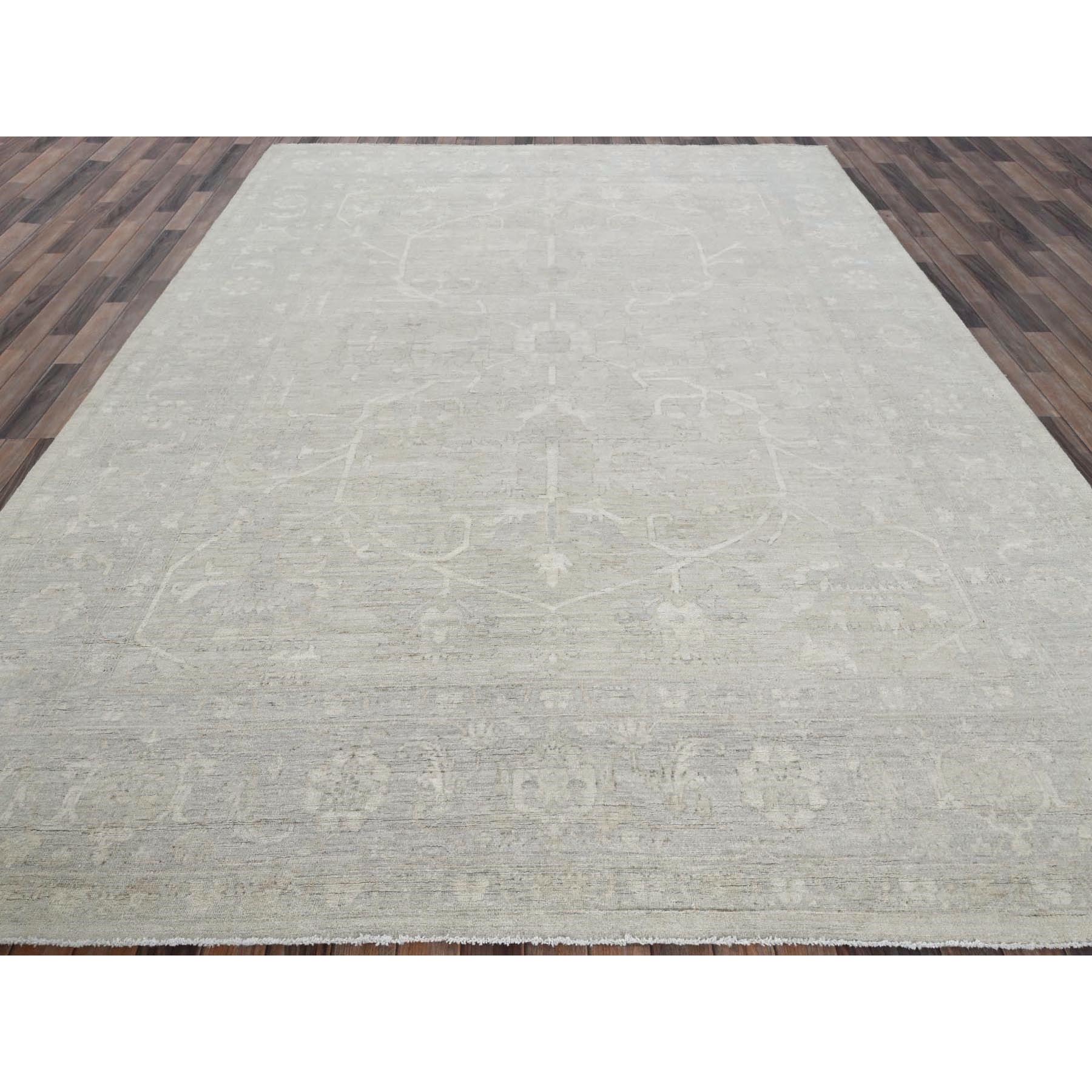 9'x11'10" Oyster White, Washed Out Peshawar with All Over Vines Design, Hand Knotted, 100% Wool, Densely Woven, Oriental Rug Sh921