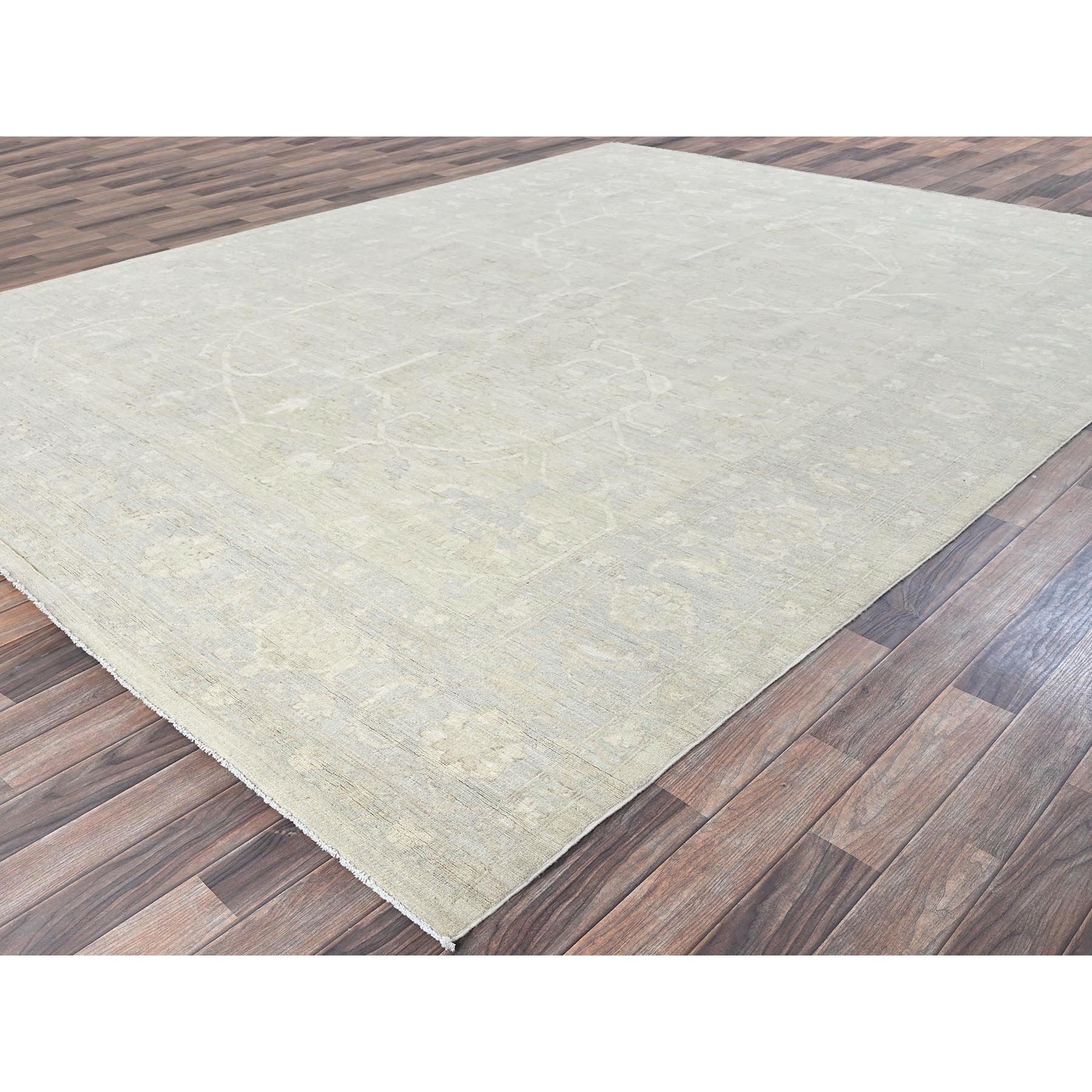 9'x11'10" Oyster White, Washed Out Peshawar with All Over Vines Design, Hand Knotted, 100% Wool, Densely Woven, Oriental Rug Sh921