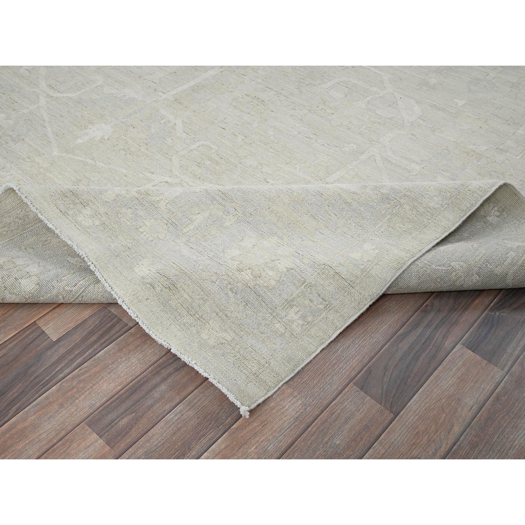 9'x11'10" Oyster White, Washed Out Peshawar with All Over Vines Design, Hand Knotted, 100% Wool, Densely Woven, Oriental Rug Sh921