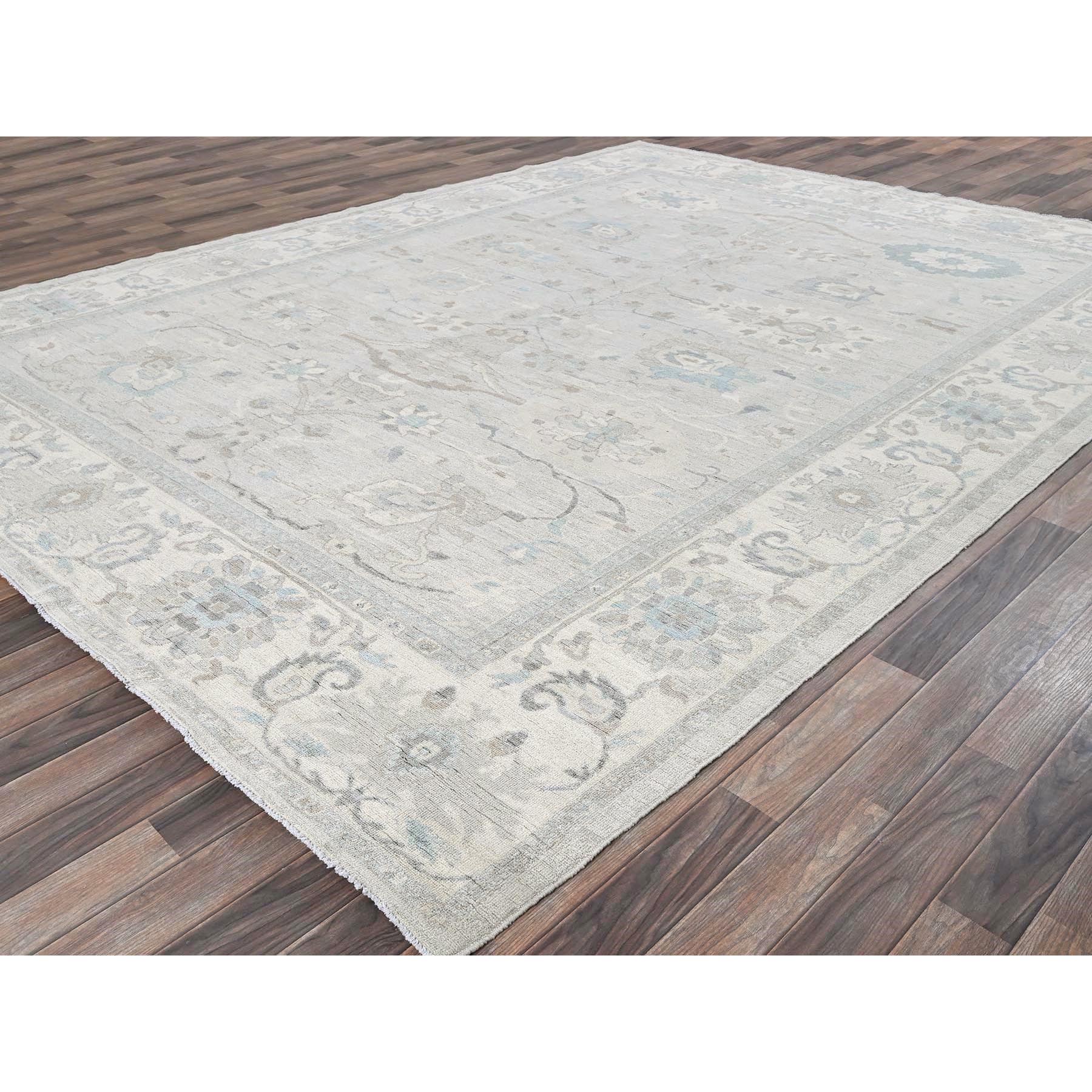 9'x11'10" Misty Gray, White Wash Peshawar with Muted Colors Leaf Design, Hand Knotted, Pure Wool, Densely Woven, Oriental Rug Sh923
