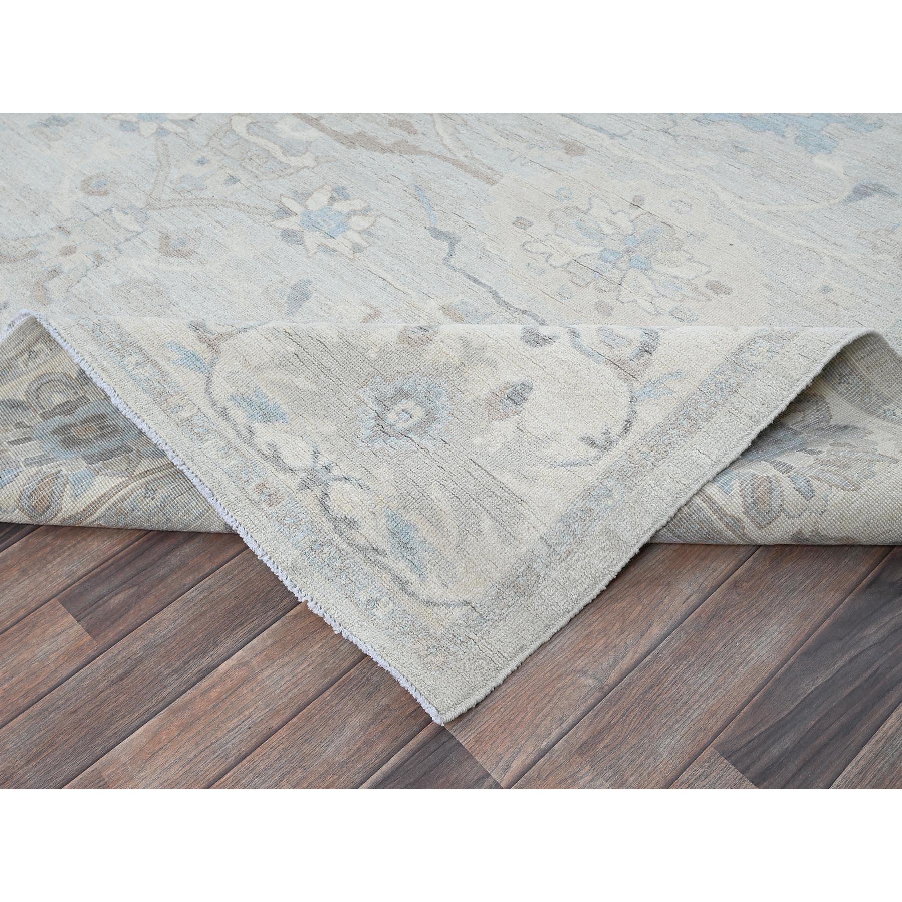 9'x11'10" Misty Gray, White Wash Peshawar with Muted Colors Leaf Design, Hand Knotted, Pure Wool, Densely Woven, Oriental Rug Sh923