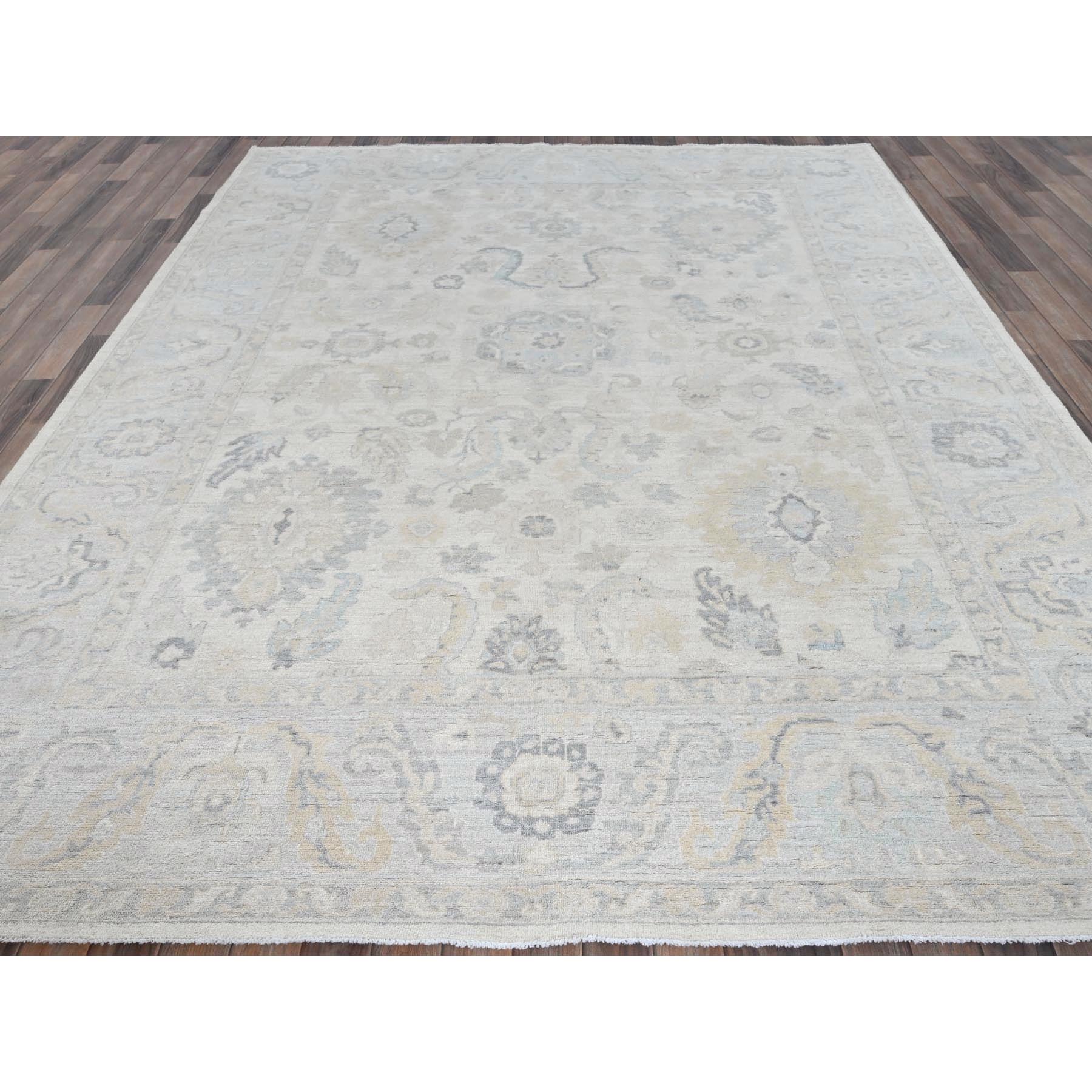 8'2"x10'1" Alabaster White, Washed Out Peshawar with Muted Colors Leaf Design, Hand Knotted, Pure Wool, Densely Woven, Oriental Rug Sh925