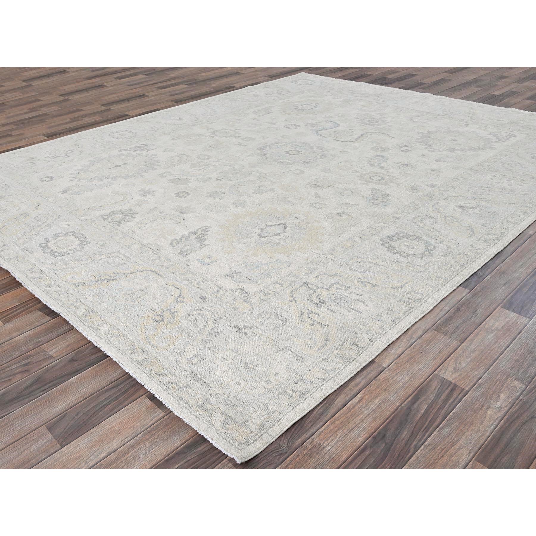8'2"x10'1" Alabaster White, Washed Out Peshawar with Muted Colors Leaf Design, Hand Knotted, Pure Wool, Densely Woven, Oriental Rug Sh925