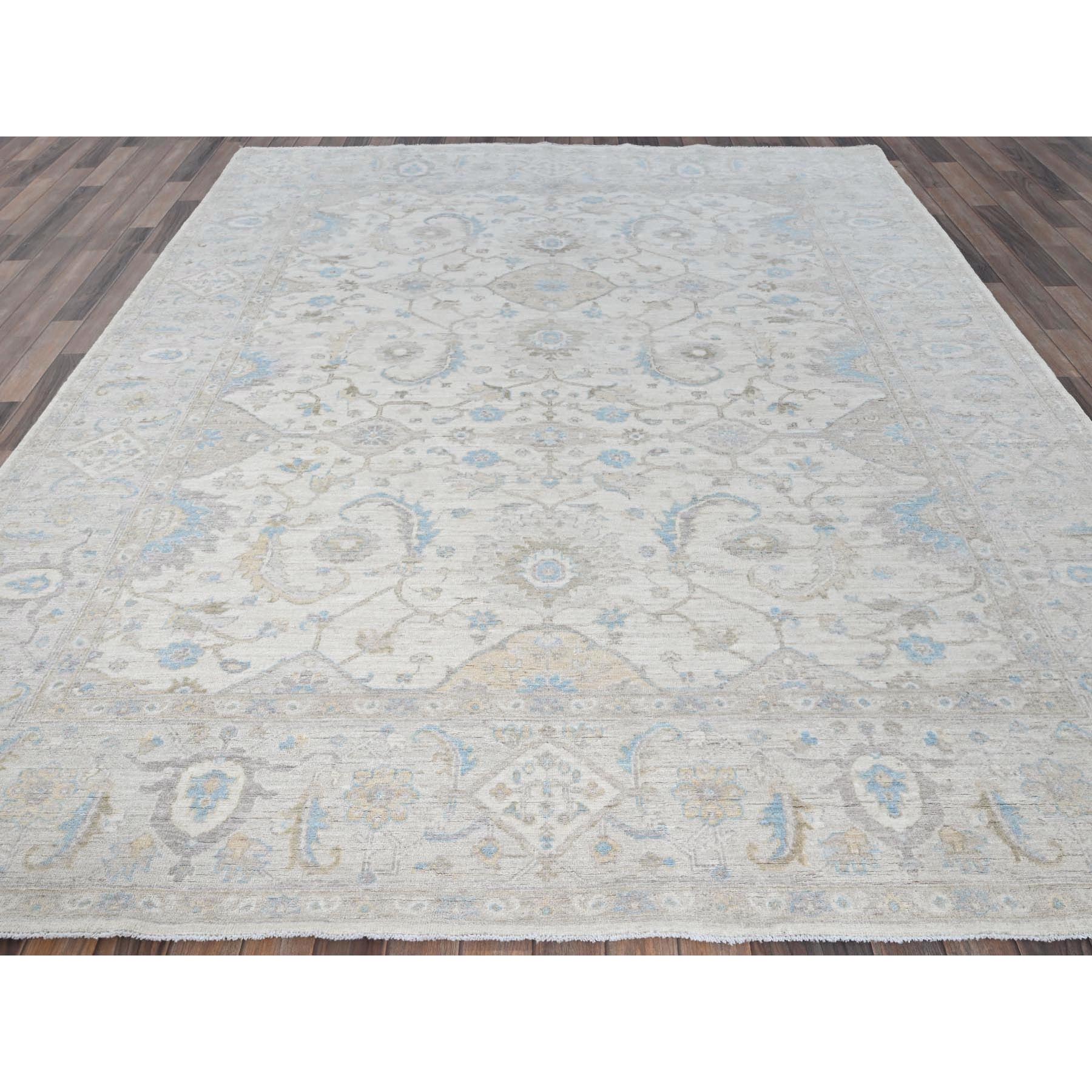 8'x9'8" Chiffon White, White Wash Peshawar with All Over Vines Design, Densely Woven, Hand Knotted, 100% Wool, Oriental Rug Sh926