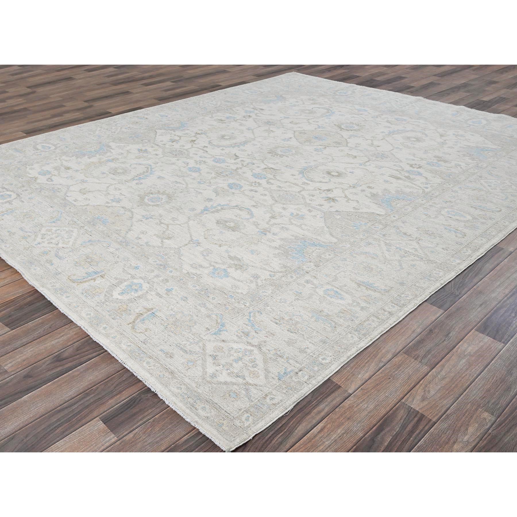8'x9'8" Chiffon White, White Wash Peshawar with All Over Vines Design, Densely Woven, Hand Knotted, 100% Wool, Oriental Rug Sh926