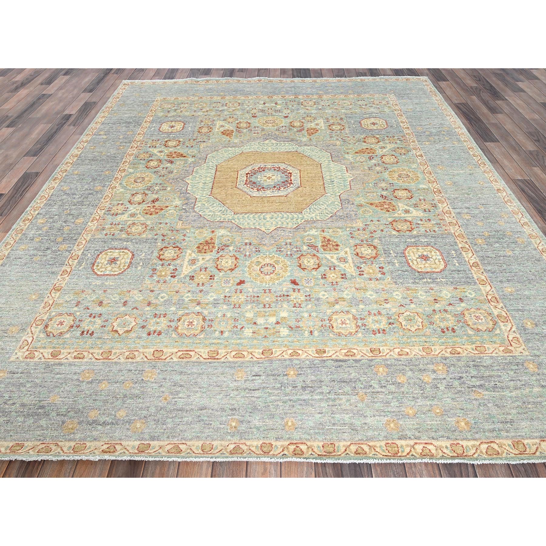 8'1"x9'7" Cerulean Blue, White Wash Peshawar with Mamluk Dynasty Pattern, Hand Knotted, 100% Wool, Densely Woven, Oriental Rug Sh928