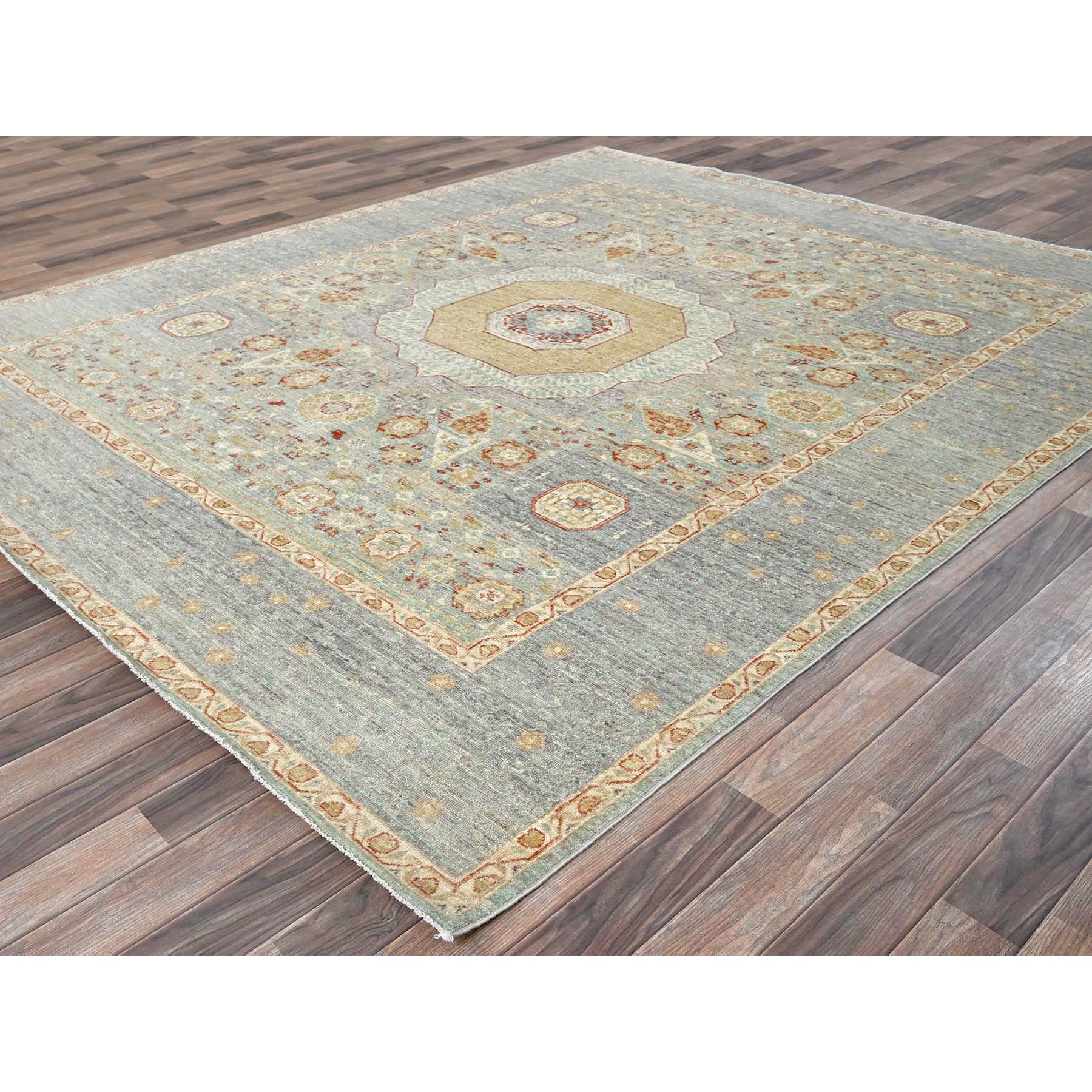 8'1"x9'7" Cerulean Blue, White Wash Peshawar with Mamluk Dynasty Pattern, Hand Knotted, 100% Wool, Densely Woven, Oriental Rug Sh928