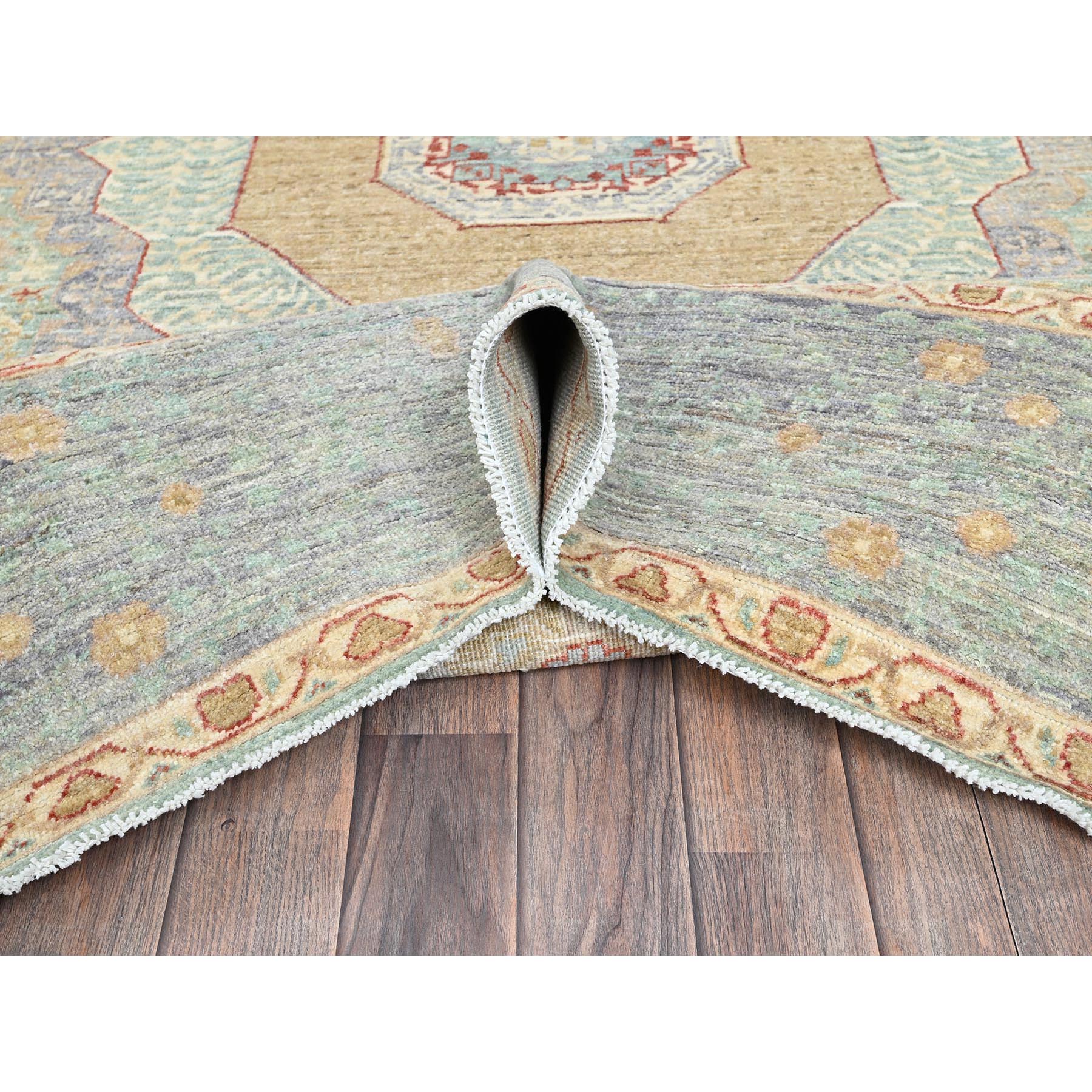 8'1"x9'7" Cerulean Blue, White Wash Peshawar with Mamluk Dynasty Pattern, Hand Knotted, 100% Wool, Densely Woven, Oriental Rug Sh928