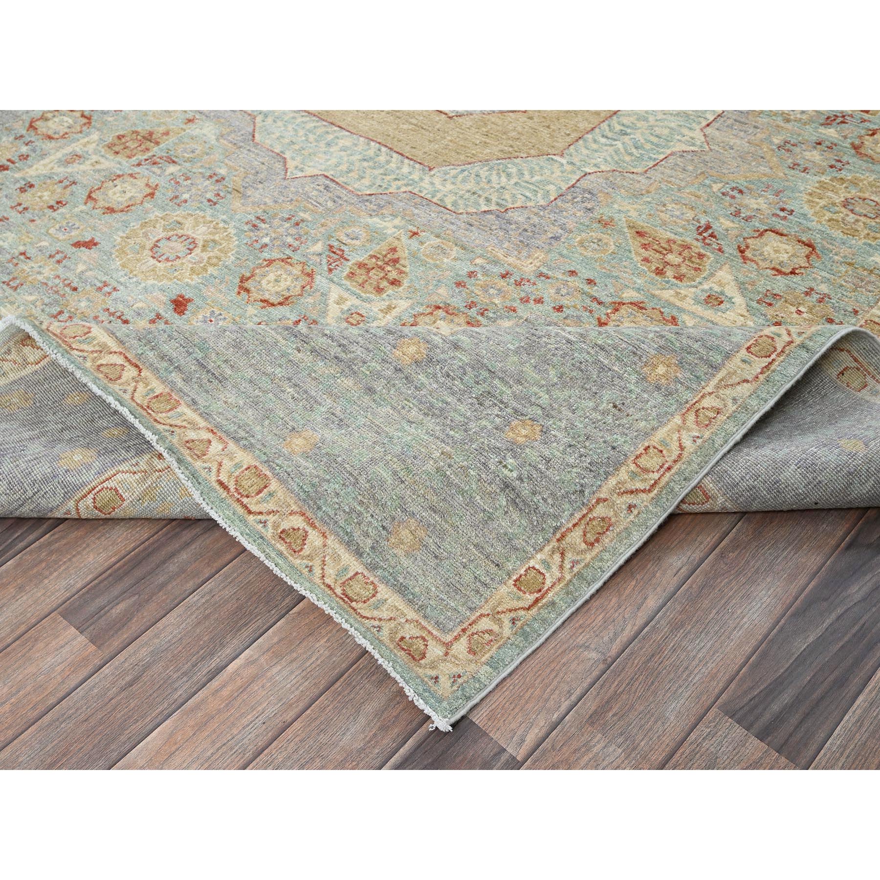 8'1"x9'7" Cerulean Blue, White Wash Peshawar with Mamluk Dynasty Pattern, Hand Knotted, 100% Wool, Densely Woven, Oriental Rug Sh928