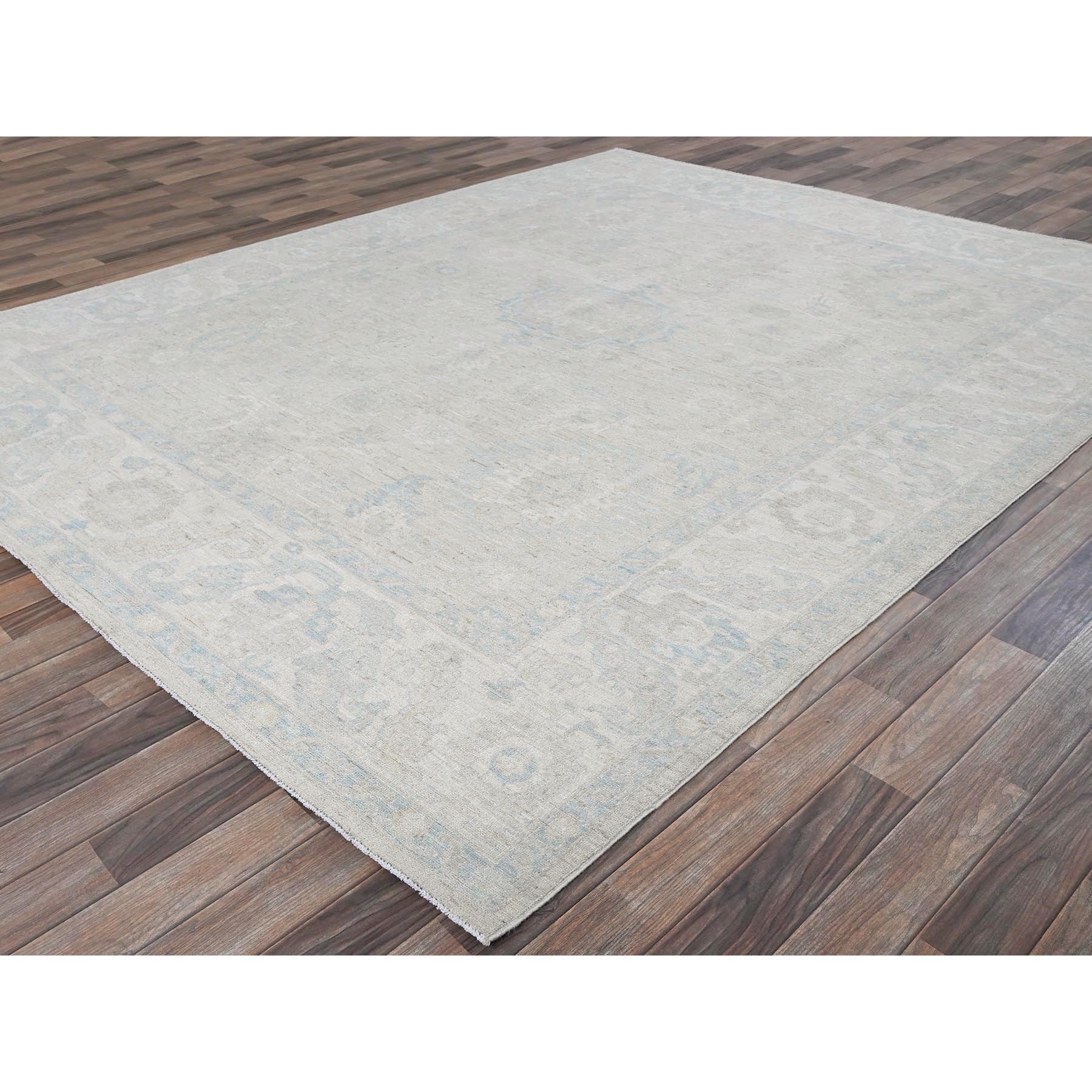 7'9"x9'10" Bone White, Washed Out Peshawar with Muted Colors Leaf Design, Pure Wool, Hand Knotted, Densely Woven, Oriental Rug Sh929