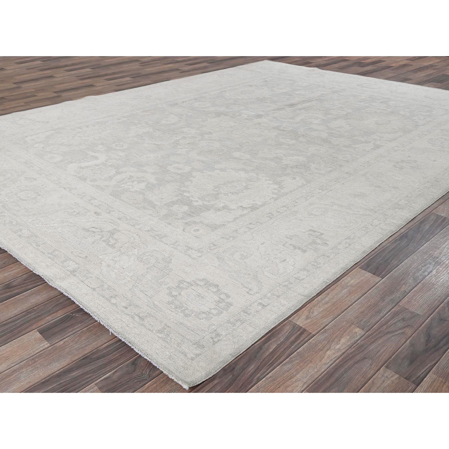8'10"x12' Charcoal Gray, White Wash Peshawar with Large Leaf Design, 100% Wool, Hand Knotted, Densely Woven, Oriental Rug Sh930