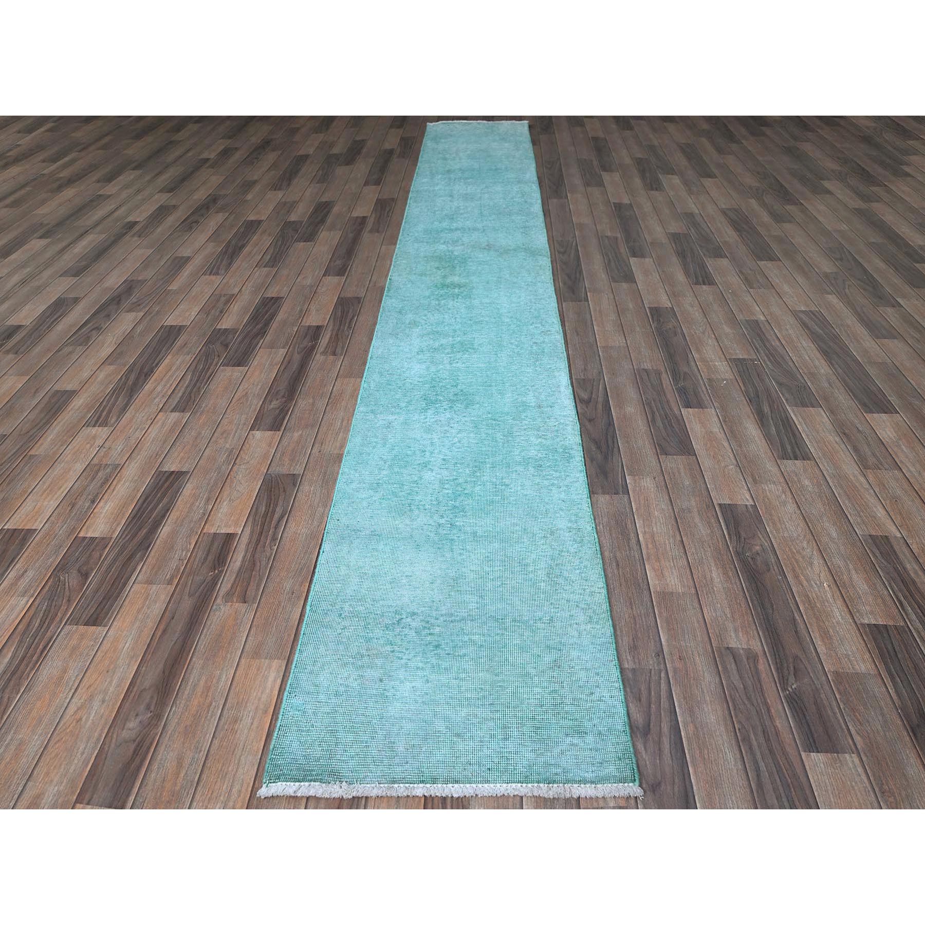 2'x12'9" Aqua Blue, Overdyed Vintage Persian Tabriz, Worn and Distressed, Sides and Ends Professionally Secured, Sheared Low, Hand Knotted, Fragment, 100% Wool, Narrow Runner, Oriental Rug Sh933