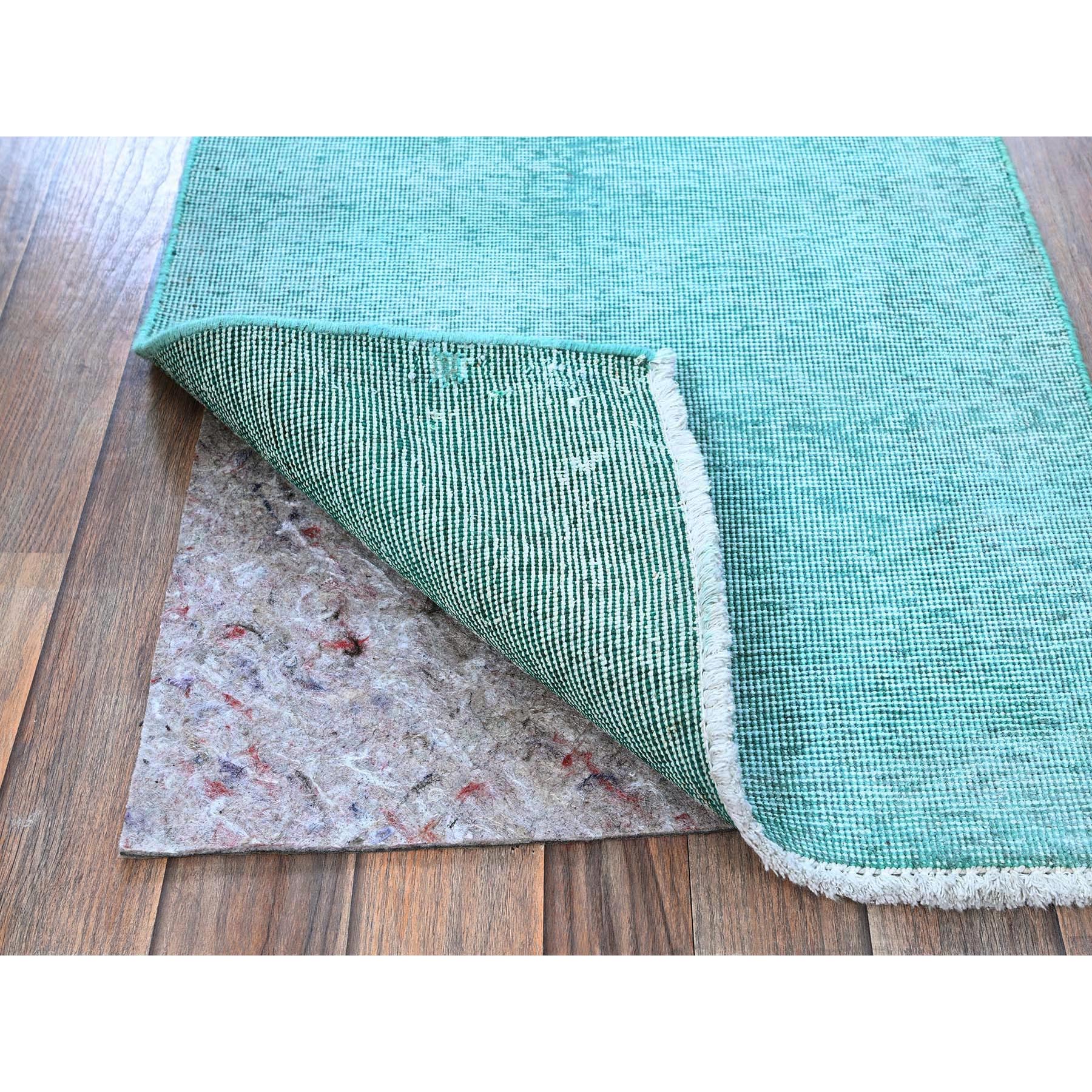2'x12'9" Aqua Blue, Overdyed Vintage Persian Tabriz, Worn and Distressed, Sides and Ends Professionally Secured, Sheared Low, Hand Knotted, Fragment, 100% Wool, Narrow Runner, Oriental Rug Sh933
