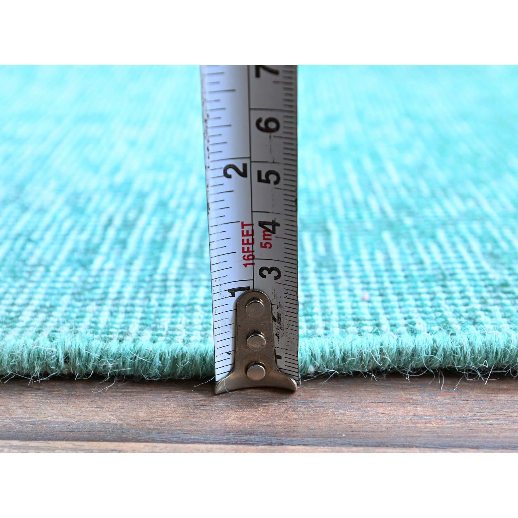 2'x12'9" Aqua Blue, Overdyed Vintage Persian Tabriz, Worn and Distressed, Sides and Ends Professionally Secured, Sheared Low, Hand Knotted, Fragment, 100% Wool, Narrow Runner, Oriental Rug Sh933