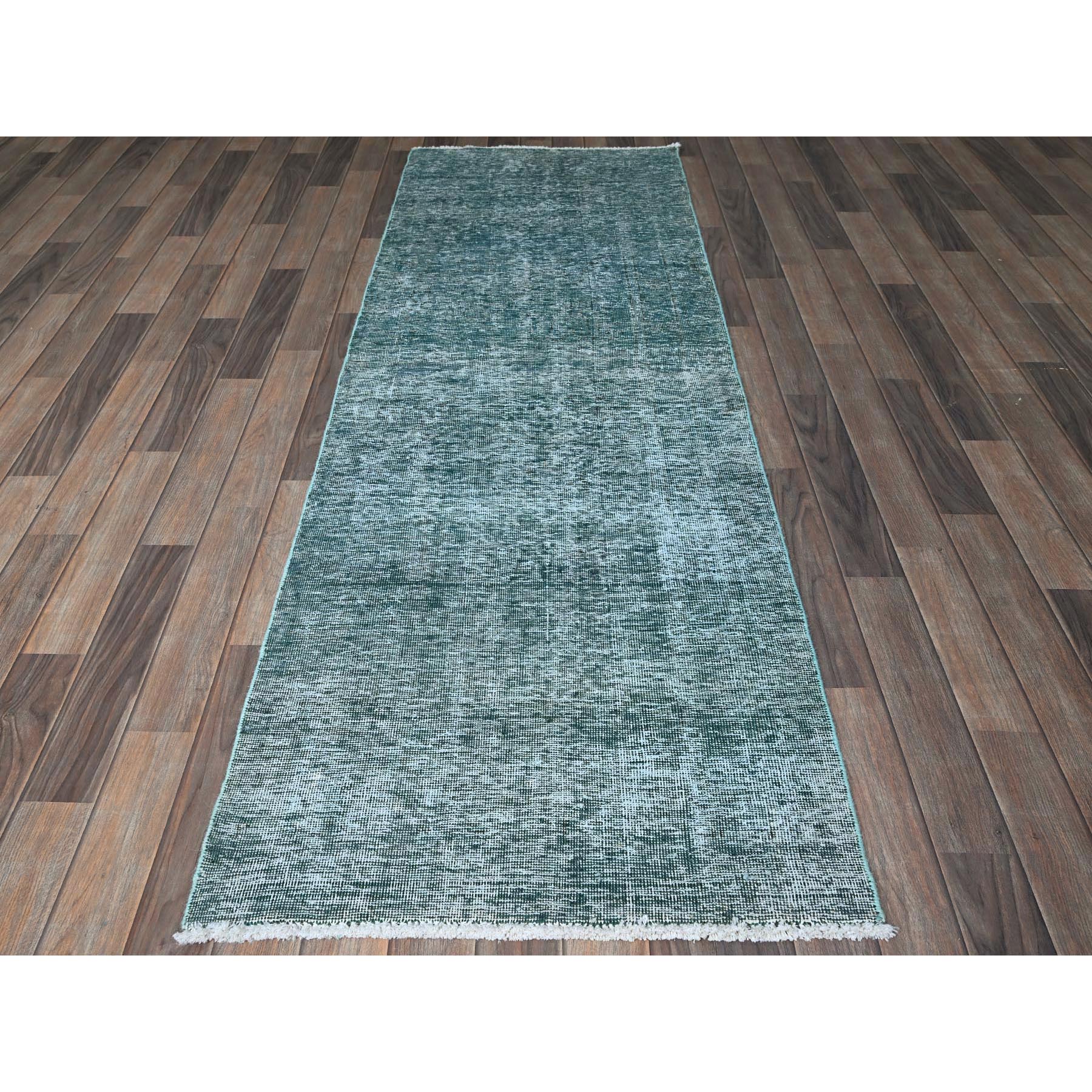 2'7"x7'9" Viridian Green, Overdyed Vintage Persian Tabriz, Worn and Distressed, Sides and Ends Professionally Secured, Shaved Low, Hand Knotted, 100% Wool, Fragment, Runner, Oriental Rug Sh934