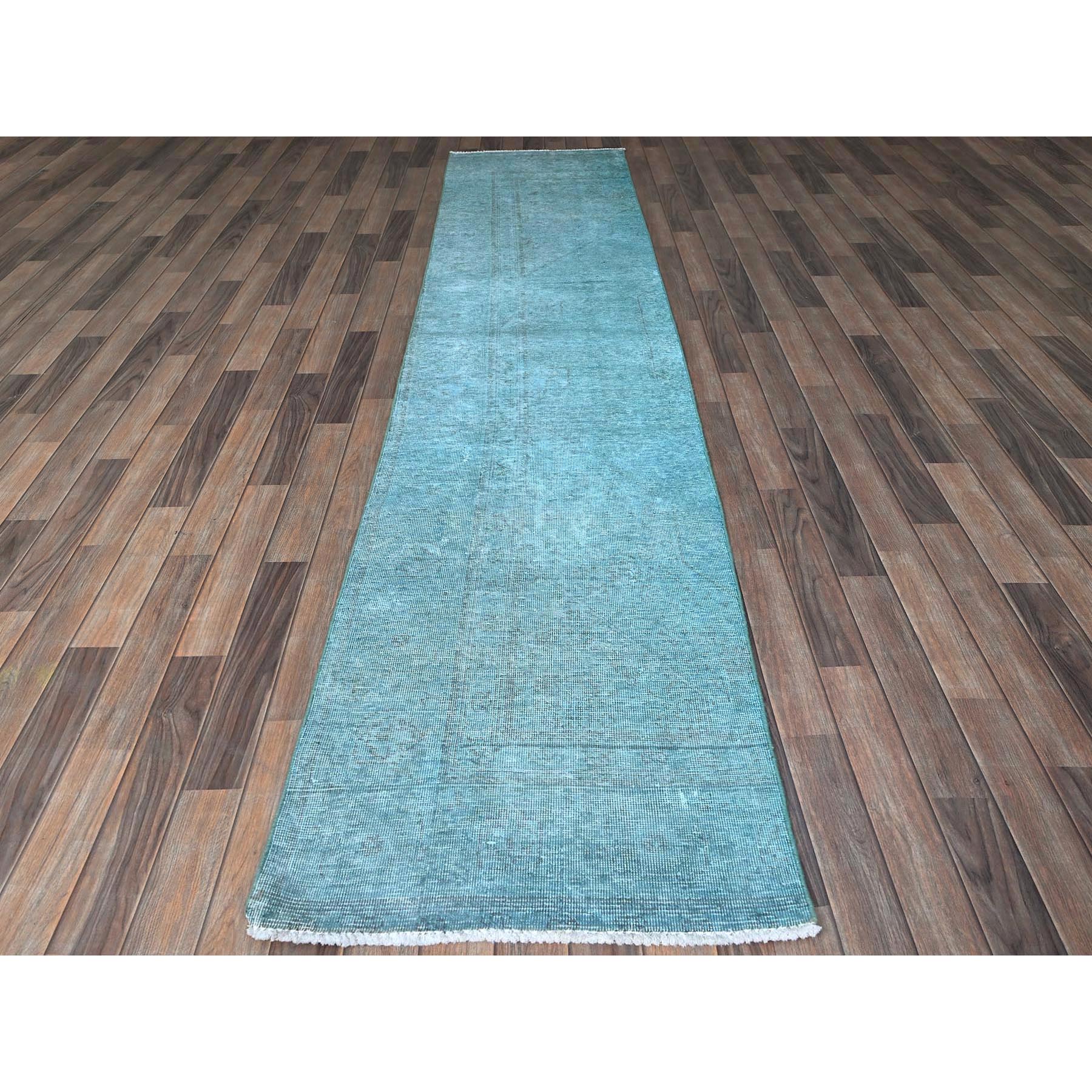 2'5"x11'1" Tile Blue, Overdyed Vintage Persian Tabriz, Shaved Down, Worn and Distressed, Sides and Ends Professionally Secured, Hand Knotted, 100% Wool, Fragment, Narrow Runner, Oriental Rug Sh935