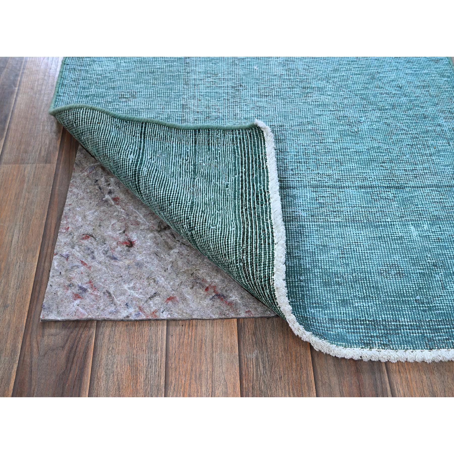 2'5"x11'1" Tile Blue, Overdyed Vintage Persian Tabriz, Shaved Down, Worn and Distressed, Sides and Ends Professionally Secured, Hand Knotted, 100% Wool, Fragment, Narrow Runner, Oriental Rug Sh935