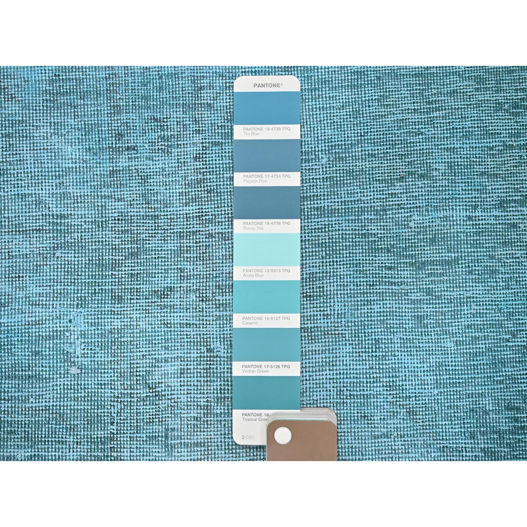 2'5"x11'1" Tile Blue, Overdyed Vintage Persian Tabriz, Shaved Down, Worn and Distressed, Sides and Ends Professionally Secured, Hand Knotted, 100% Wool, Fragment, Narrow Runner, Oriental Rug Sh935