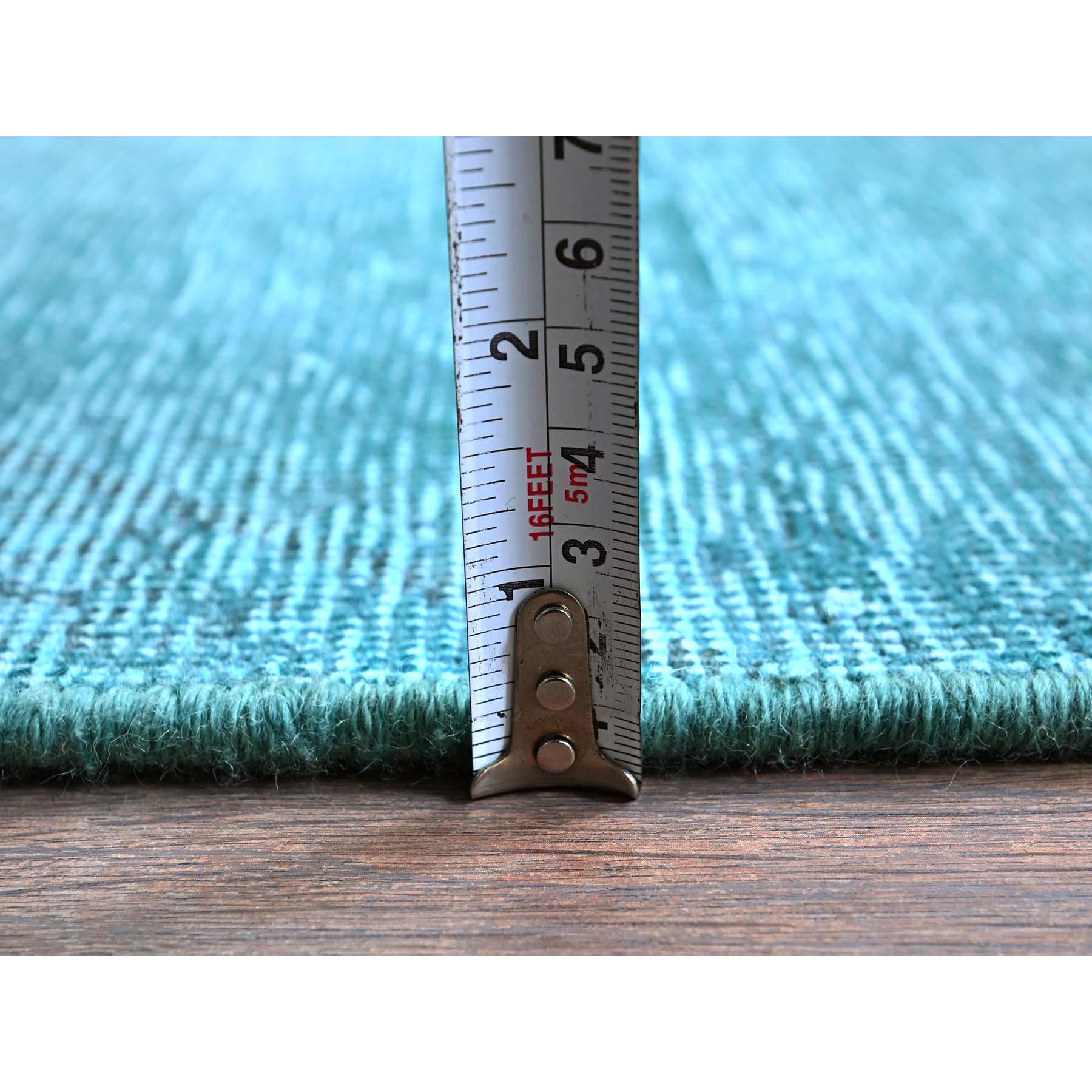 2'5"x11'1" Tile Blue, Overdyed Vintage Persian Tabriz, Shaved Down, Worn and Distressed, Sides and Ends Professionally Secured, Hand Knotted, 100% Wool, Fragment, Narrow Runner, Oriental Rug Sh935